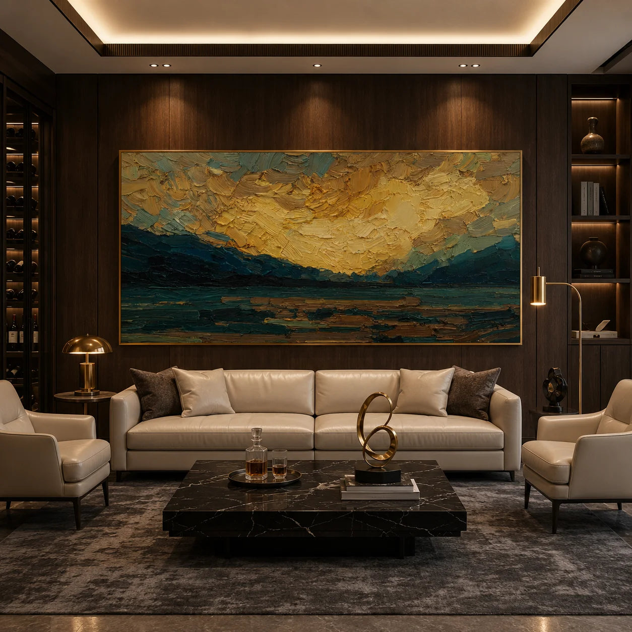 Ownanart Original Hand-Painted Golden Sunset Mountain Lake Oil Painting, Teal Impasto Panoramic Landscape Wall Art for Modern Living Room Decor # OA 1248