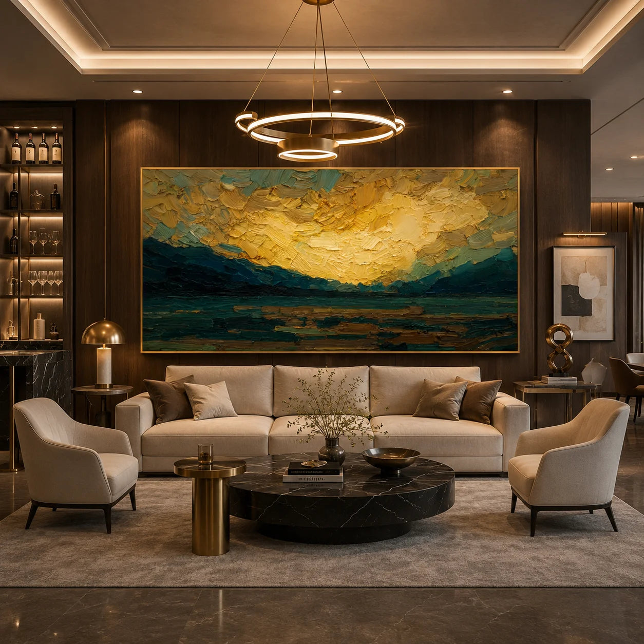 Ownanart Original Hand-Painted Golden Sunset Mountain Lake Oil Painting, Teal Impasto Panoramic Landscape Wall Art for Modern Living Room Decor # OA 1248