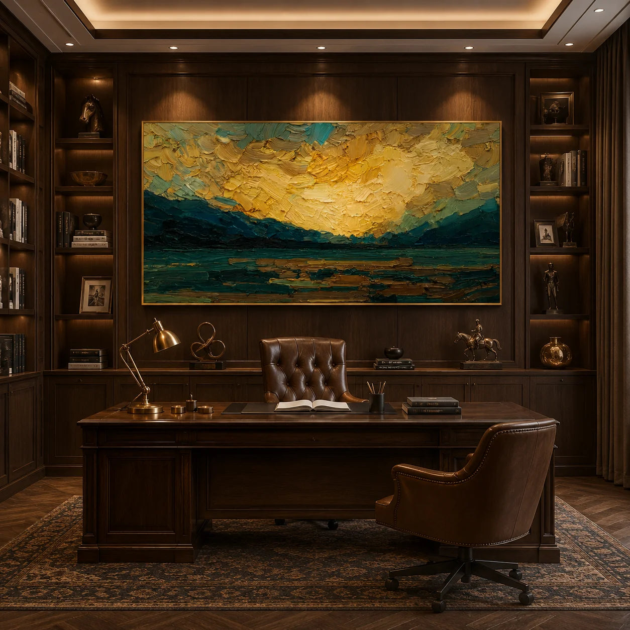 Ownanart Original Hand-Painted Golden Sunset Mountain Lake Oil Painting, Teal Impasto Panoramic Landscape Wall Art for Modern Living Room Decor # OA 1248