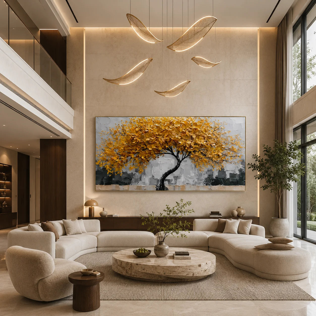 Ownanart Original Hand-Painted Golden Tree of Life Impasto Oil Painting, Modern Abstract Autumn Tree Textured Wall Art for Living Room Decor # OA 1249