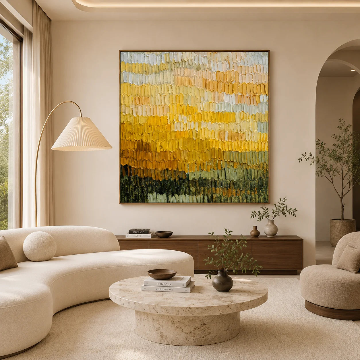 Ownanart Original Hand-Painted Golden Yellow Abstract Color Band Impasto Oil Painting, Cream, Mustard and Olive Green Textured Wall Art # OA 1261