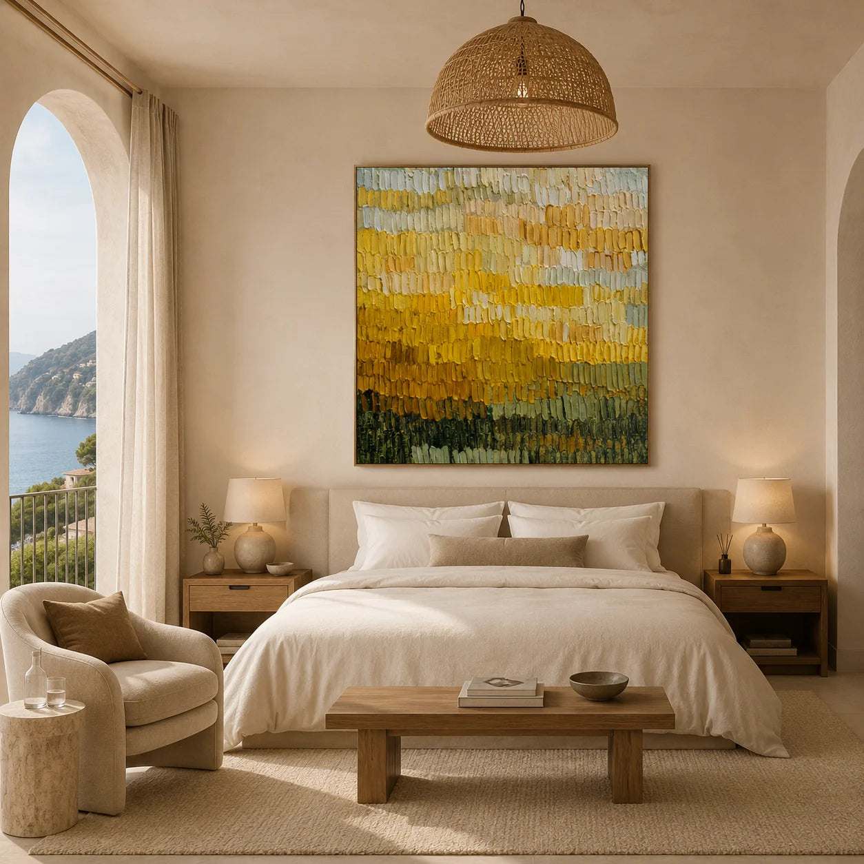 Ownanart Original Hand-Painted Golden Yellow Abstract Color Band Impasto Oil Painting, Cream, Mustard and Olive Green Textured Wall Art # OA 1261