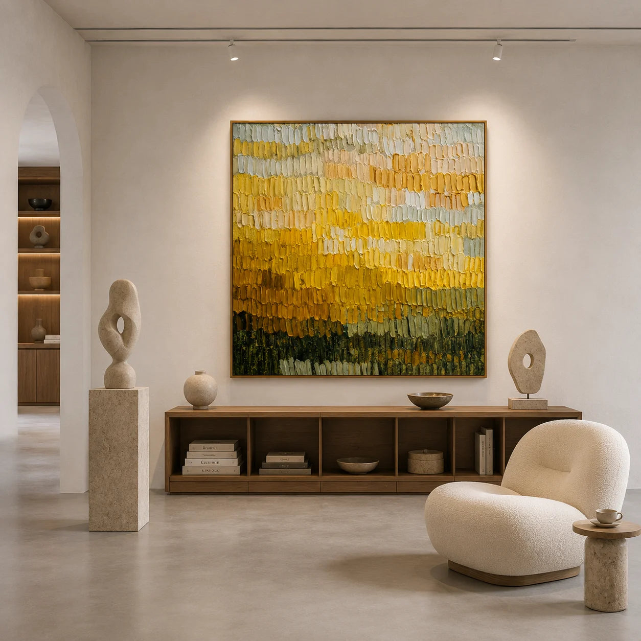 Ownanart Original Hand-Painted Golden Yellow Abstract Color Band Impasto Oil Painting, Cream, Mustard and Olive Green Textured Wall Art # OA 1261