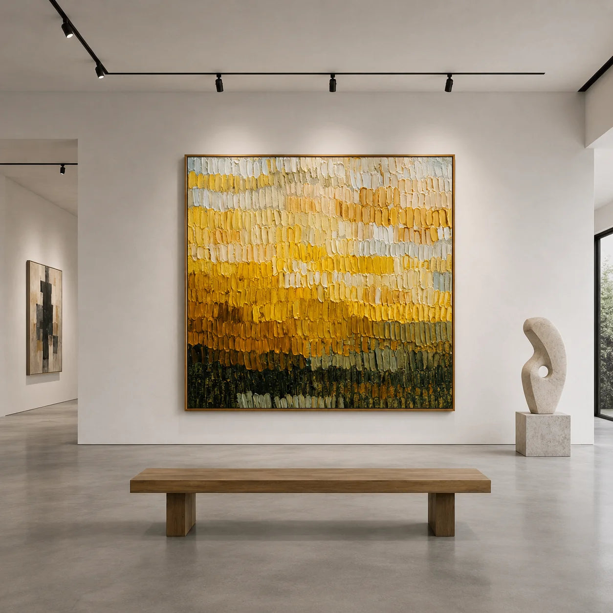 Ownanart Original Hand-Painted Golden Yellow Abstract Color Band Impasto Oil Painting, Cream, Mustard and Olive Green Textured Wall Art # OA 1261