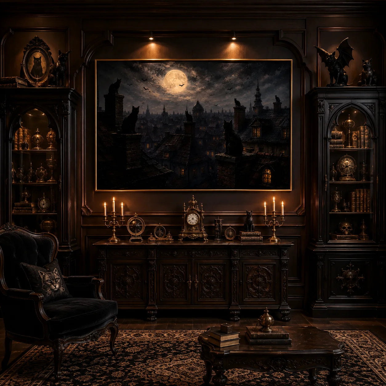 Ownanart Original Hand-Painted Gothic Black Cat Moonlit Cityscape Oil Painting with Full Moon, Rooftop Cats, Flying Bats and Dark Halloween Wall Art # OA 1315