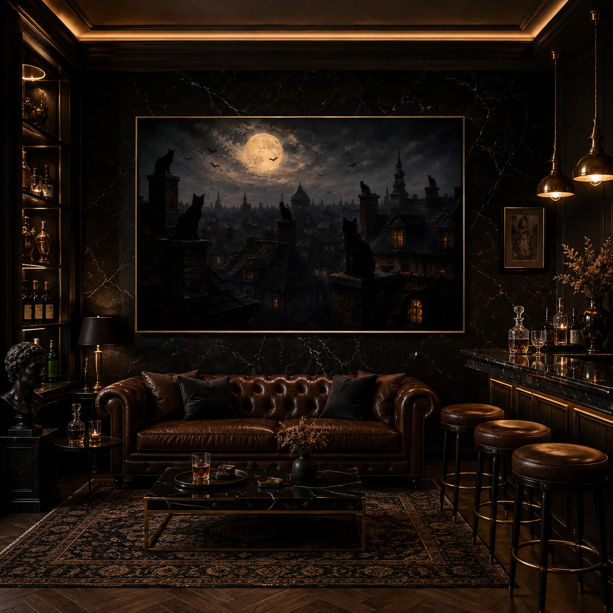 Ownanart Original Hand-Painted Gothic Black Cat Moonlit Cityscape Oil Painting with Full Moon, Rooftop Cats, Flying Bats and Dark Halloween Wall Art # OA 1315