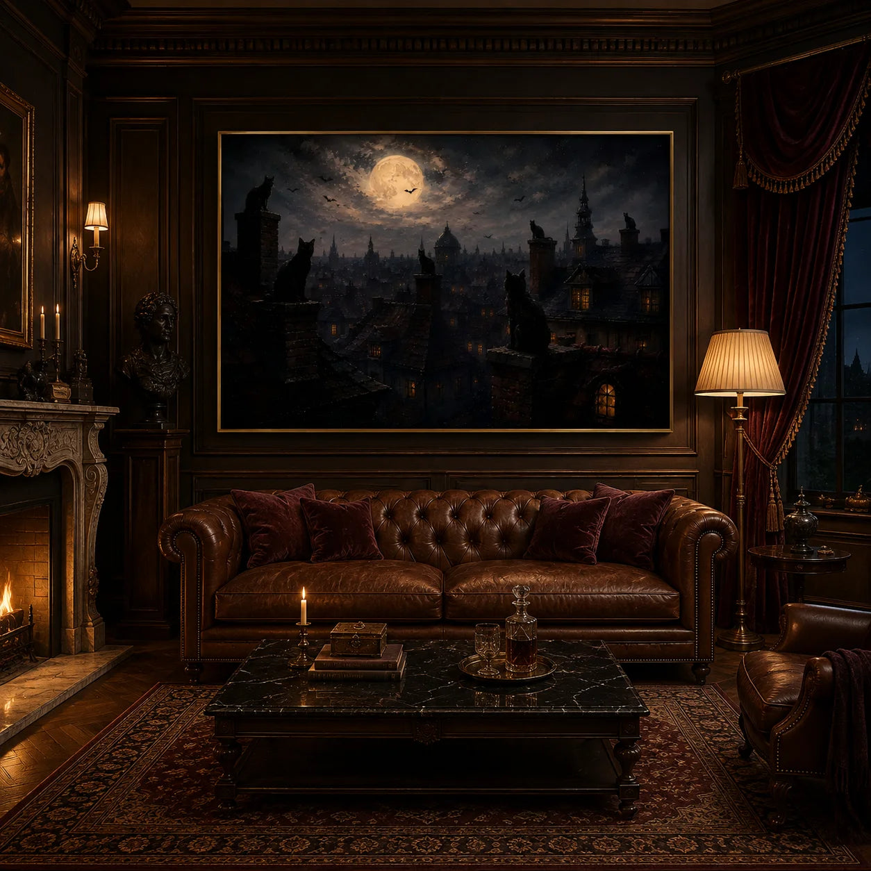 Ownanart Original Hand-Painted Gothic Black Cat Moonlit Cityscape Oil Painting with Full Moon, Rooftop Cats, Flying Bats and Dark Halloween Wall Art # OA 1315