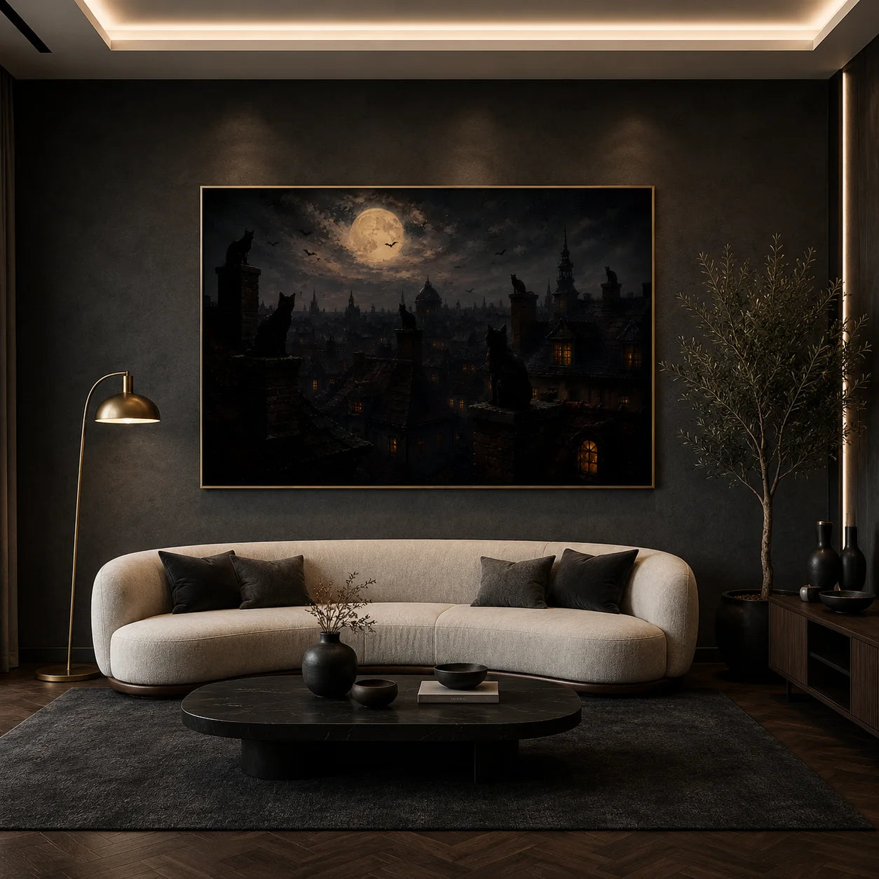 Ownanart Original Hand-Painted Gothic Black Cat Moonlit Cityscape Oil Painting with Full Moon, Rooftop Cats, Flying Bats and Dark Halloween Wall Art # OA 1315