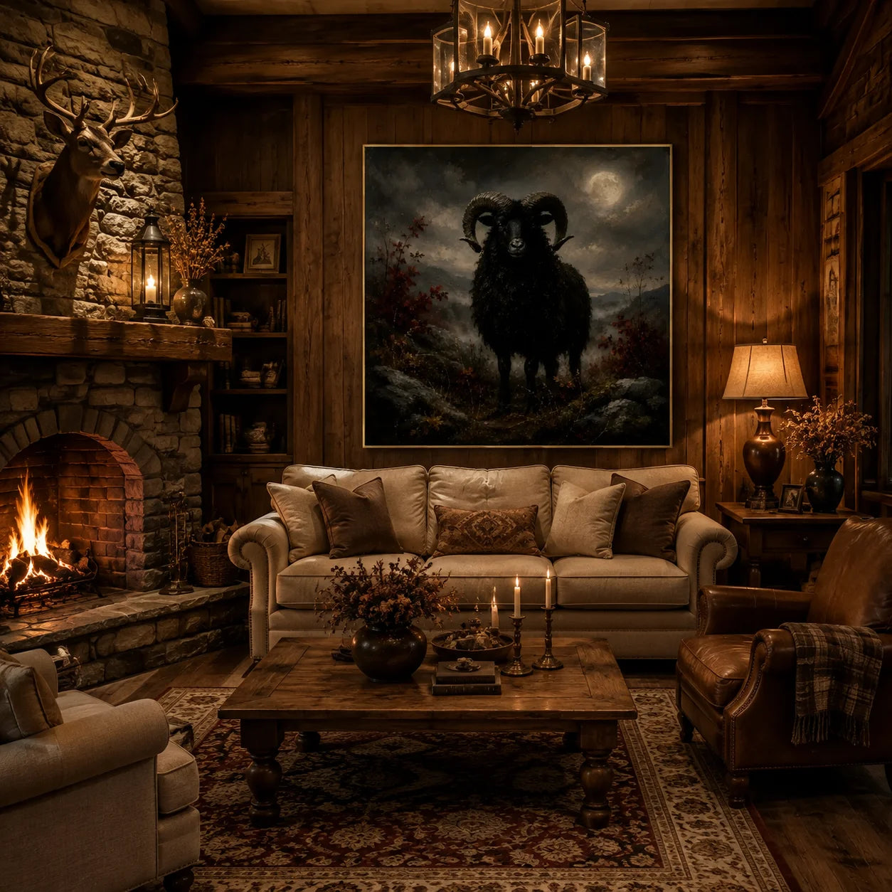 Ownanart Original Hand-Painted Gothic Black Ram Oil Painting with Moonlit Valley, Curved Horns and Dark Autumn Landscape Vintage Wall Art # OA 1305