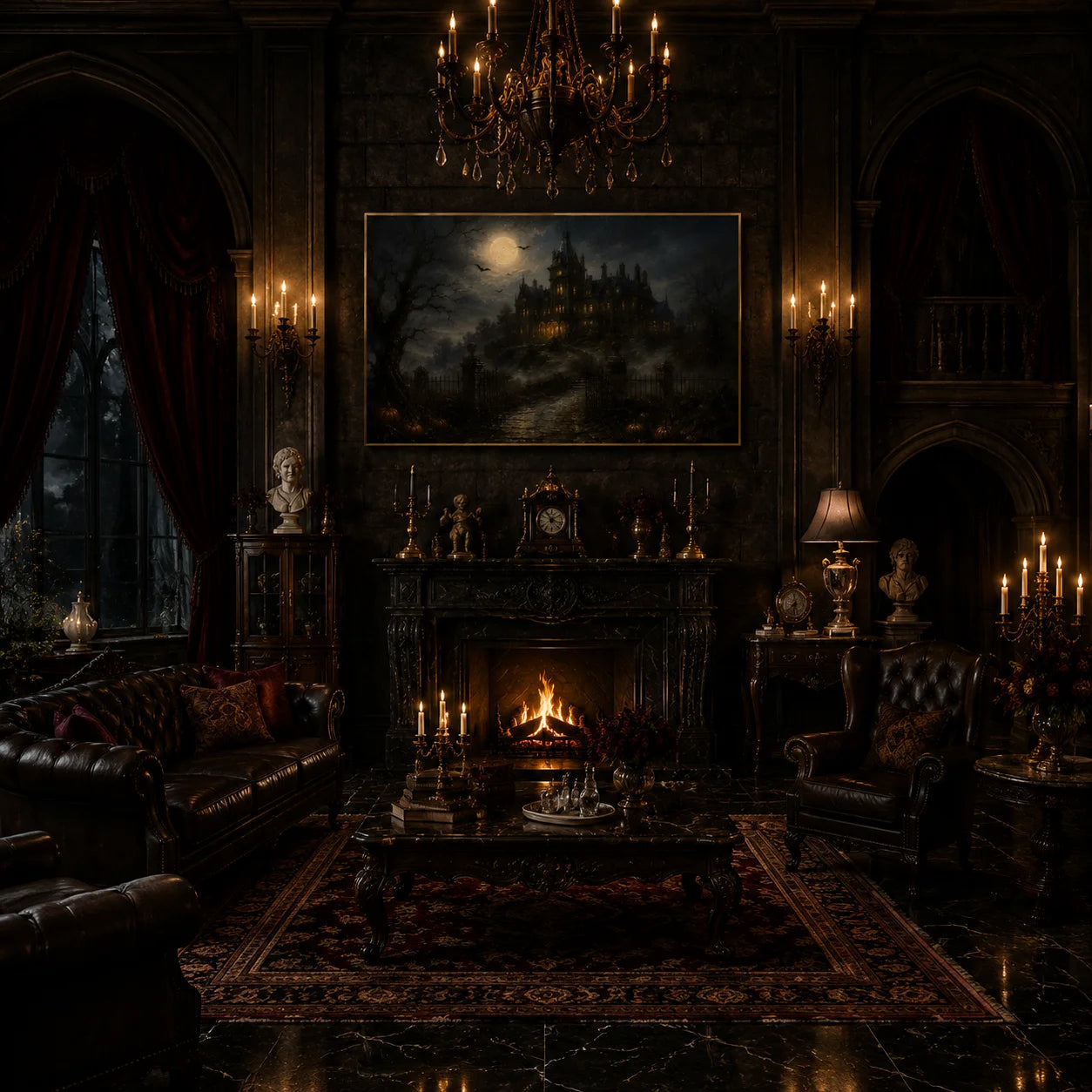 Ownanart Original Hand-Painted Gothic Halloween Haunted Mansion Landscape Oil Painting with Full Moon, Bats, Foggy Castle and Pumpkin Path Dark Vintage Wall Art # OA 1313