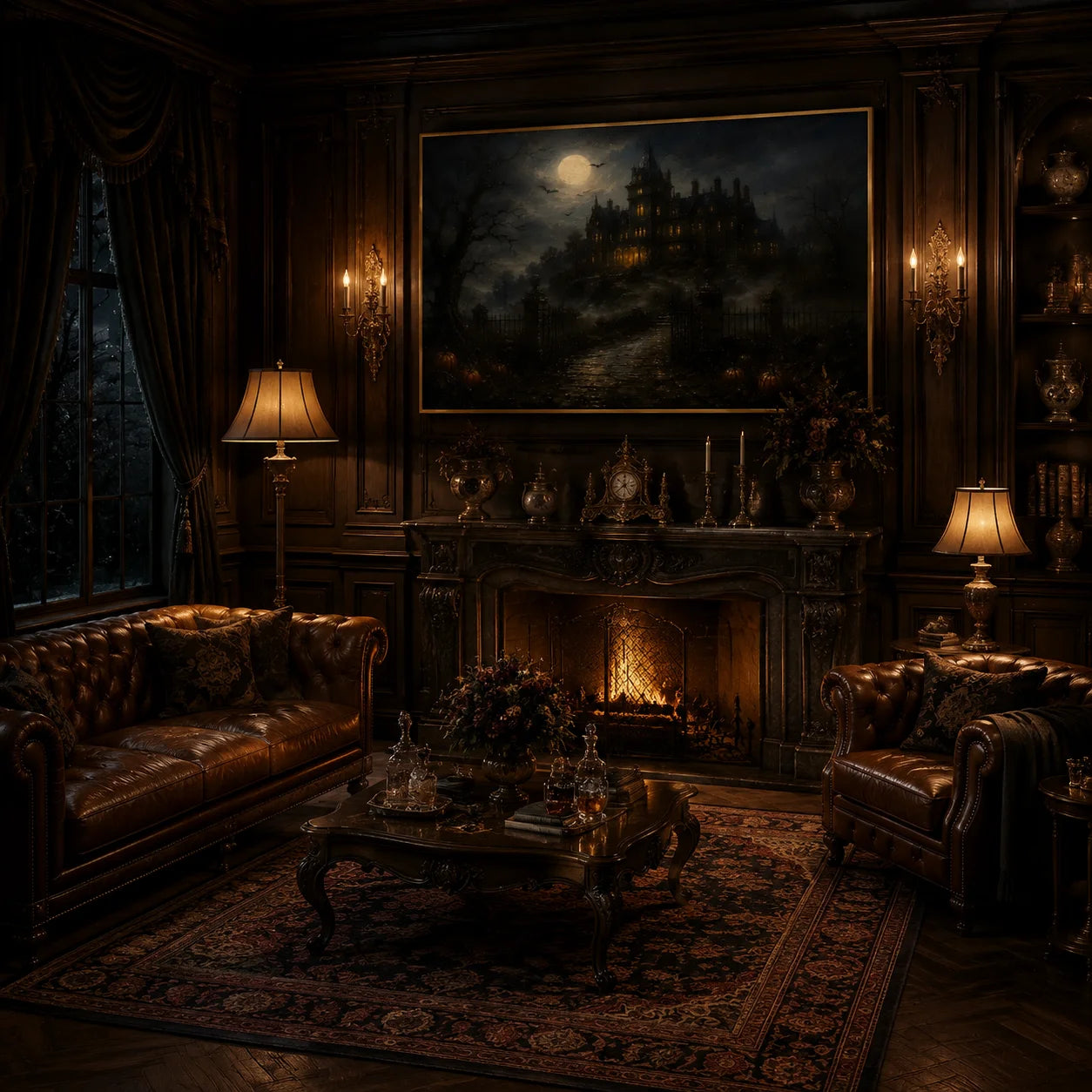 Ownanart Original Hand-Painted Gothic Halloween Haunted Mansion Landscape Oil Painting with Full Moon, Bats, Foggy Castle and Pumpkin Path Dark Vintage Wall Art # OA 1313