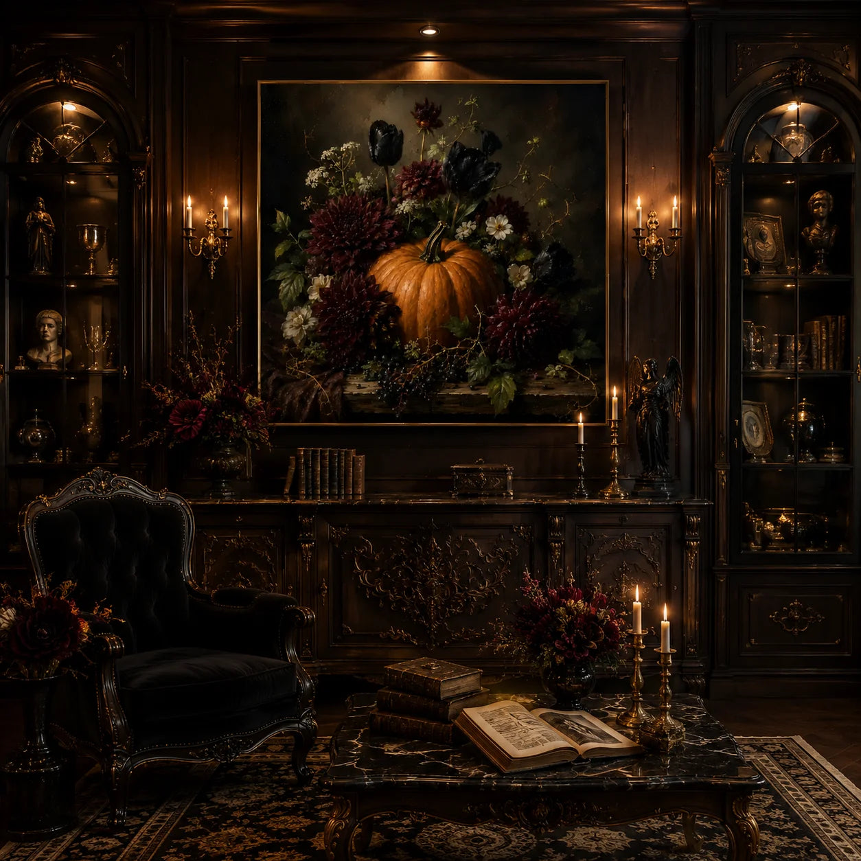 Ownanart Original Hand-Painted Gothic Halloween Pumpkin Floral Still Life Oil Painting with Black Tulips, Burgundy Dahlias and Autumn Berries Dark Romantic Wall Art # OA 1301