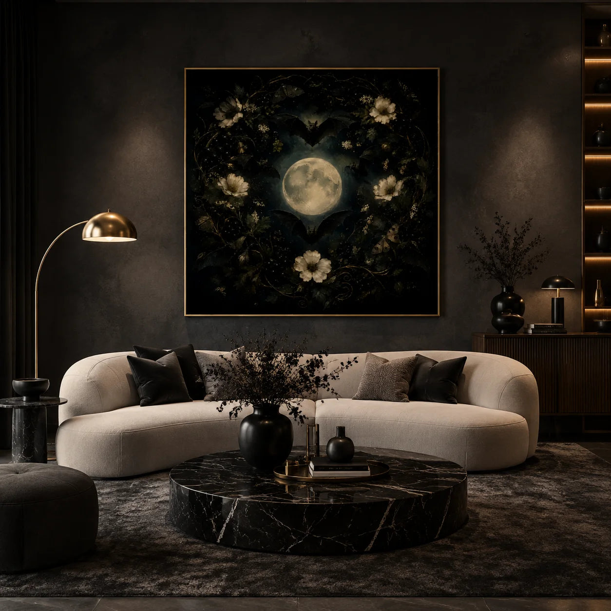 Ownanart Original Hand-Painted Gothic Moonlit Bat Wreath Oil Painting with Full Moon, Flying Bats, White Flowers and Moths Dark Romantic Wall Art # OA 1306