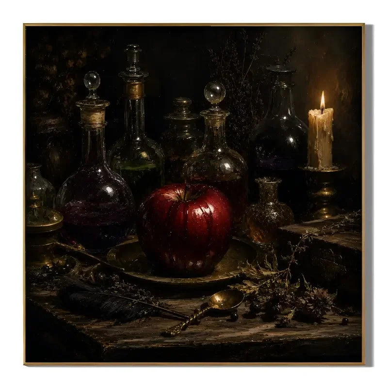 Ownanart Original Hand-Painted Gothic Red Apple Still Life Oil Painting with Vintage Glass Potion Bottles, Candlelight, Feather and Dark Academia Wall Art # OA 1307