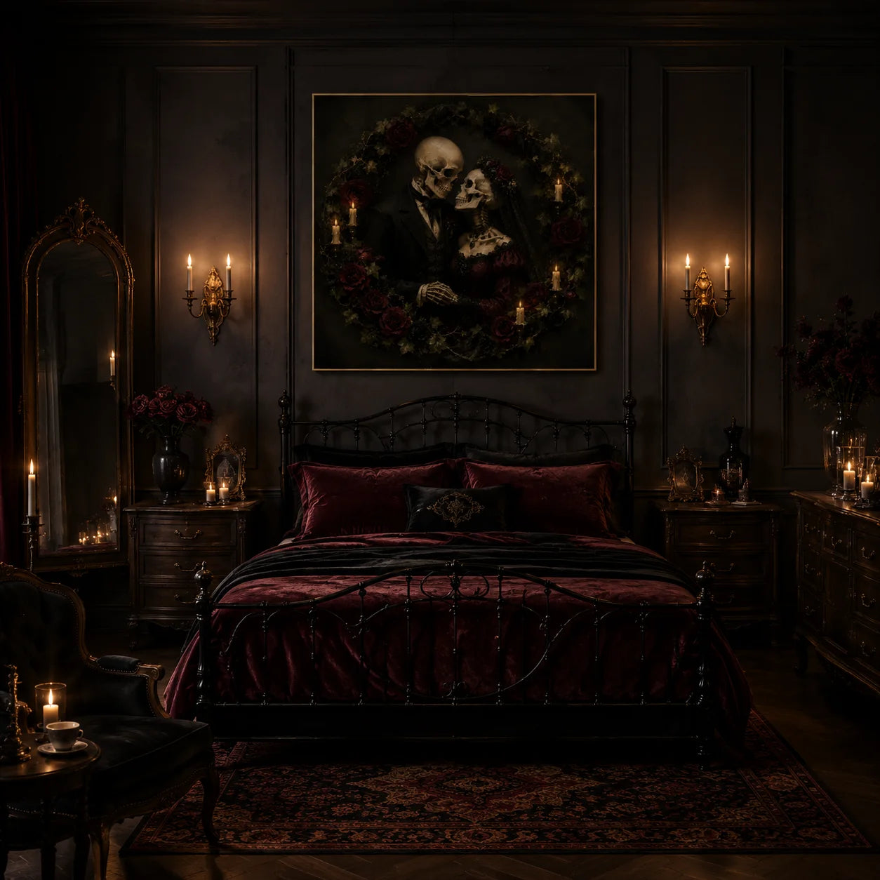 Ownanart Original Hand-Painted Gothic Skeleton Lovers Oil Painting with Dark Rose Wreath, Candlelight and Victorian Wedding Style Romantic Halloween Wall Art # OA 1308