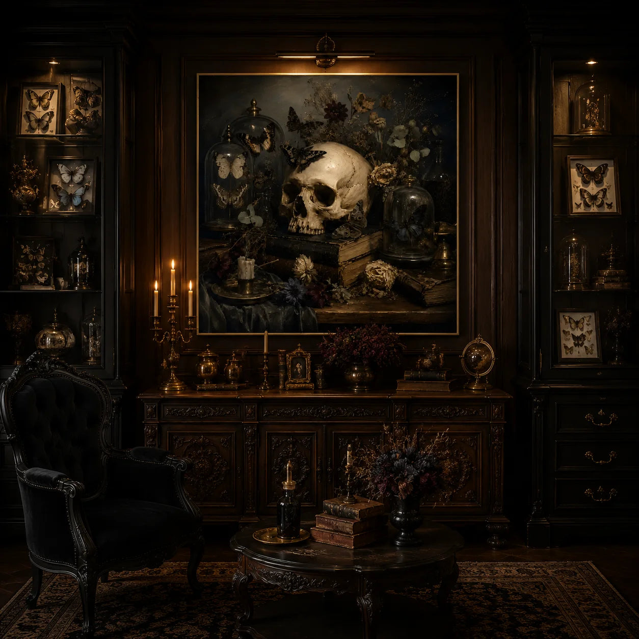 Ownanart Original Hand-Painted Gothic Skull Still Life Oil Painting with Butterfly Specimen Domes, Antique Books, Candlelight and Dried Flowers Dark Academia Wall Art # OA 1304