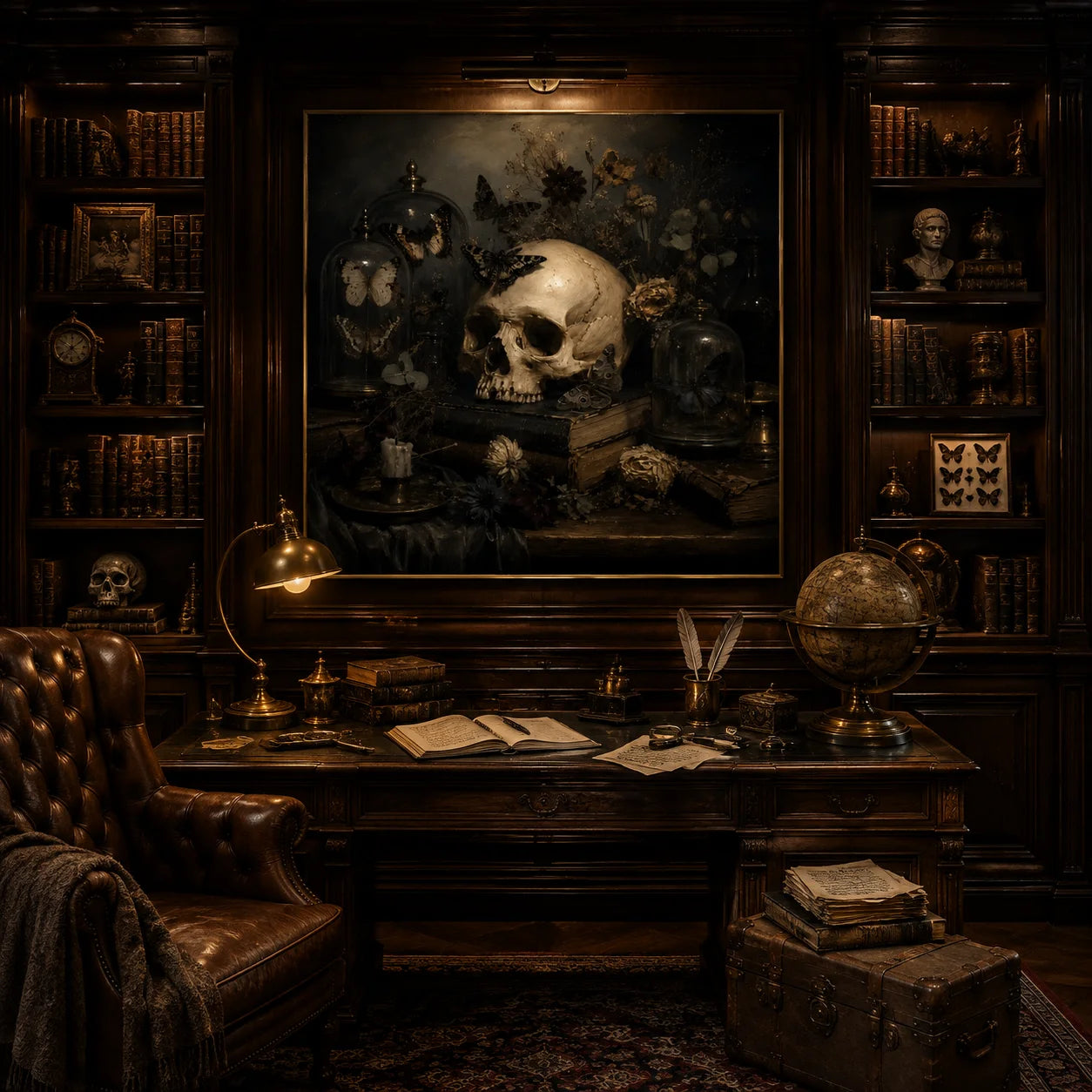 Ownanart Original Hand-Painted Gothic Skull Still Life Oil Painting with Butterfly Specimen Domes, Antique Books, Candlelight and Dried Flowers Dark Academia Wall Art # OA 1304