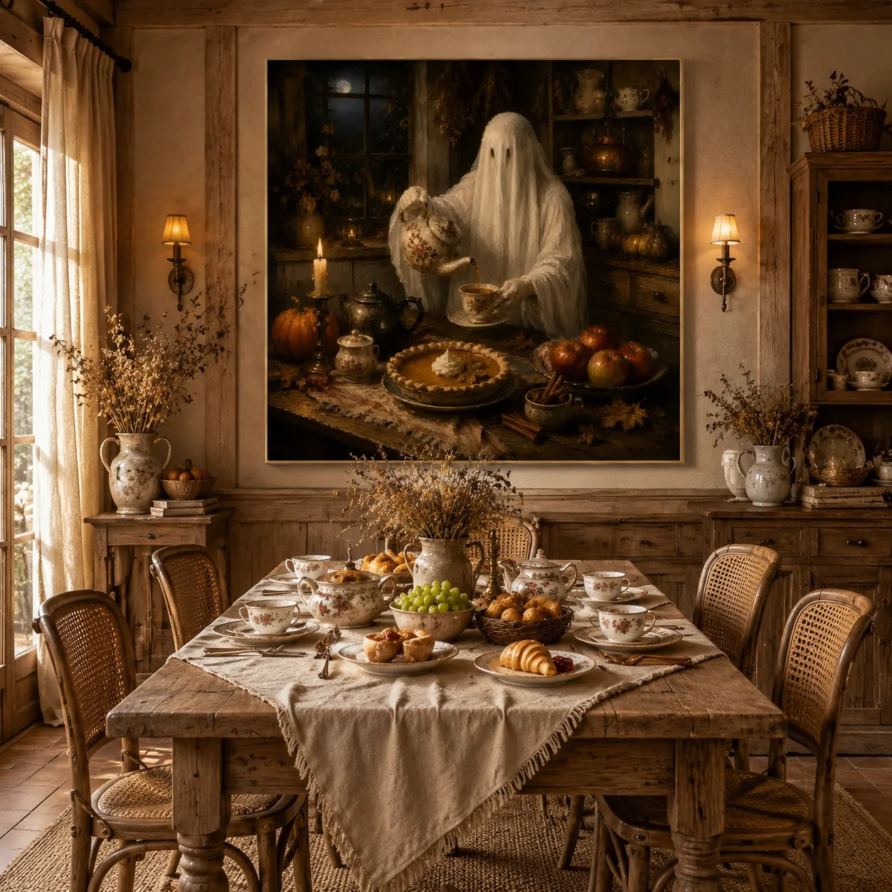 Ownanart Original Hand-Painted Halloween Ghost Afternoon Tea Oil Painting with Pumpkin Pie, Vintage Teaware, Candlelight and Cozy Autumn Kitchen Gothic Rustic Wall Art # OA 1310