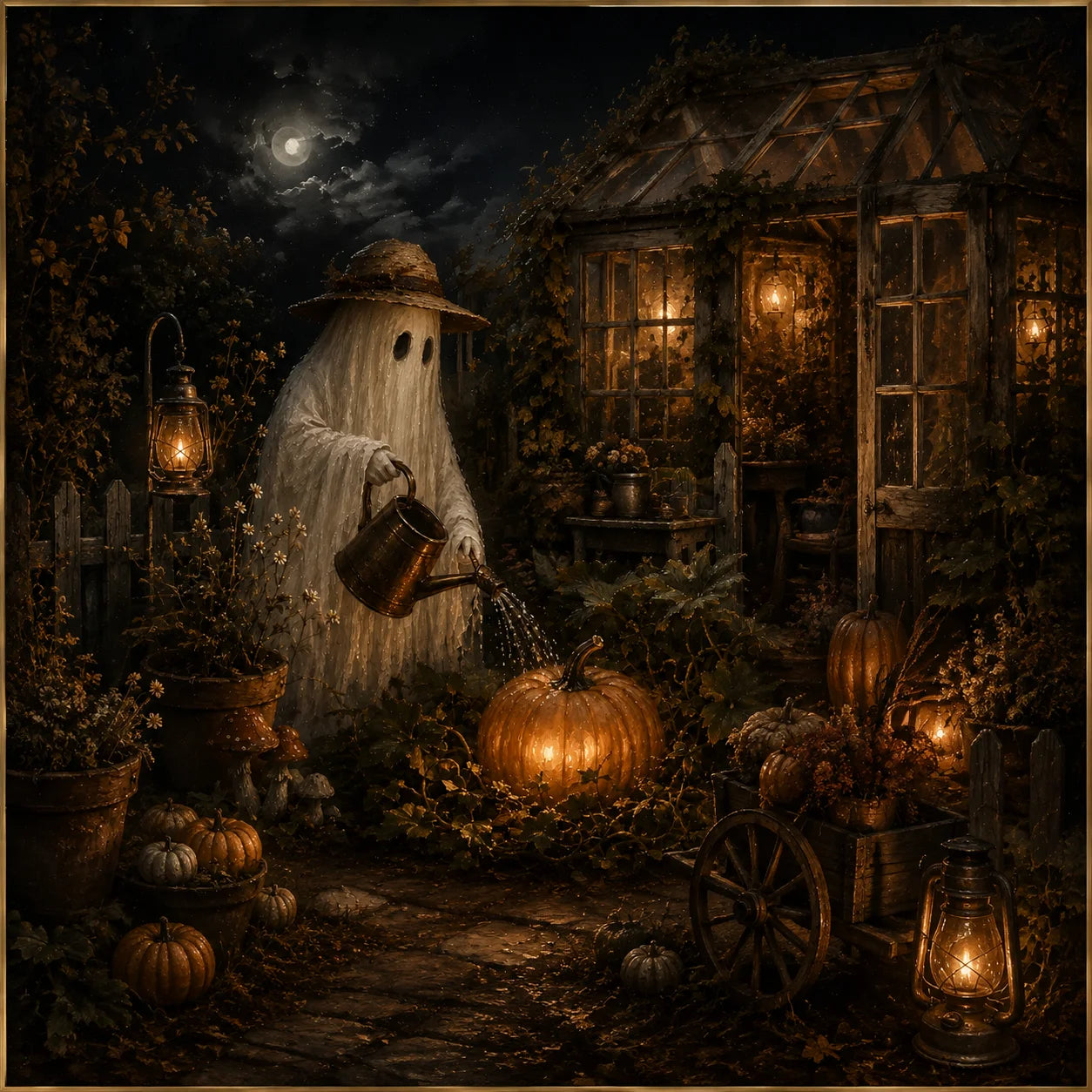 Ownanart Original Hand-Painted Halloween Ghost Gardener Oil Painting with Moonlit Greenhouse, Glowing Pumpkin, Vintage Lanterns and Gothic Autumn Garden Wall Art # OA 1311