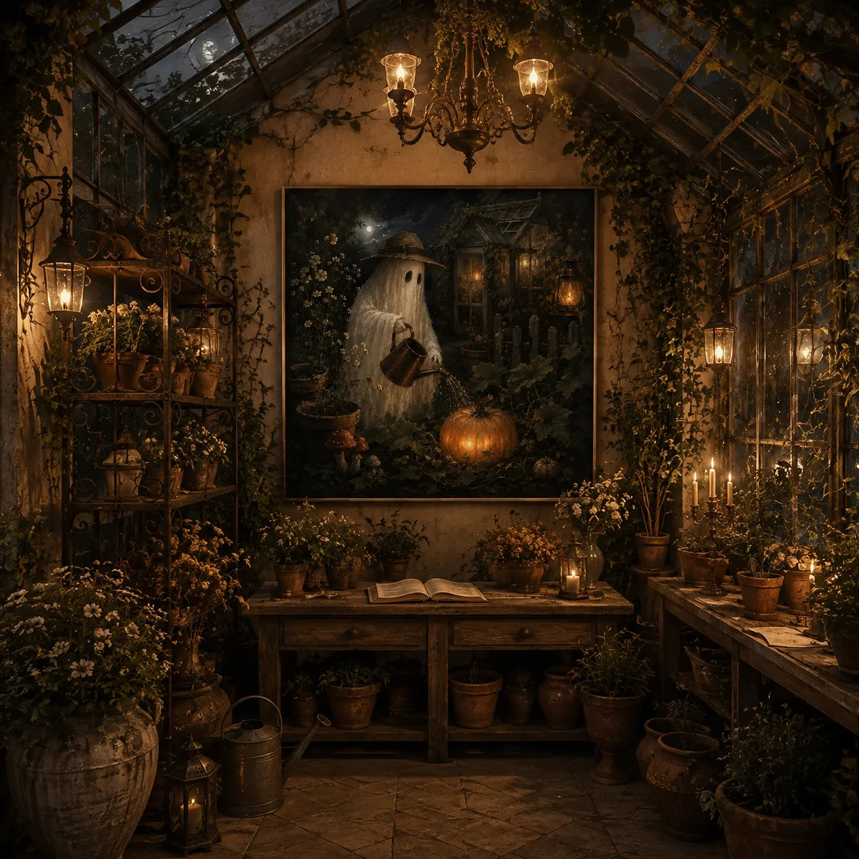 Ownanart Original Hand-Painted Halloween Ghost Gardener Oil Painting with Moonlit Greenhouse, Glowing Pumpkin, Vintage Lanterns and Gothic Autumn Garden Wall Art # OA 1311