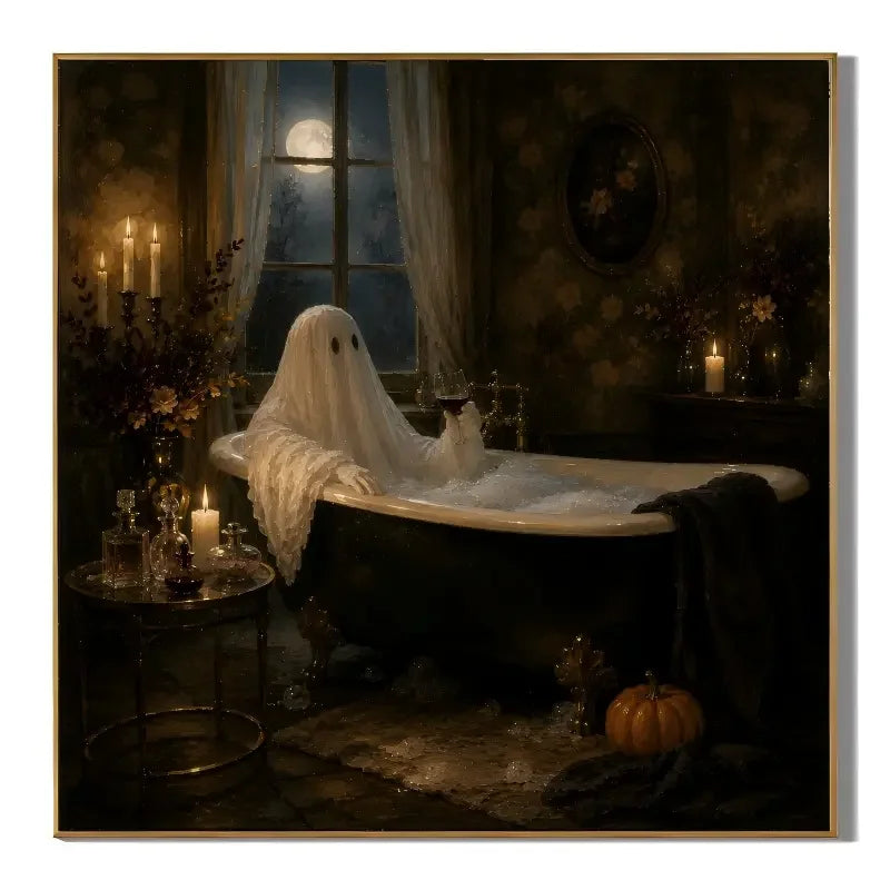 Ownanart Original Hand-Painted Halloween Ghost in Bathtub Oil Painting with Moonlit Window, Vintage Candlelight and Pumpkin Gothic Bathroom Wall Art # OA 1312