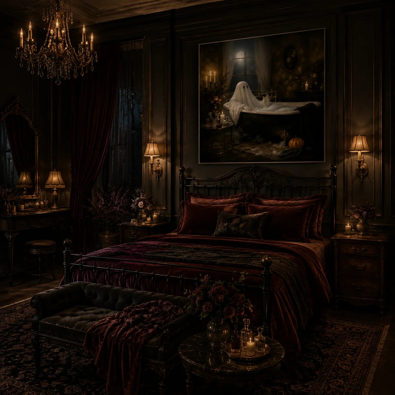 Ownanart Original Hand-Painted Halloween Ghost in Bathtub Oil Painting with Moonlit Window, Vintage Candlelight and Pumpkin Gothic Bathroom Wall Art # OA 1312