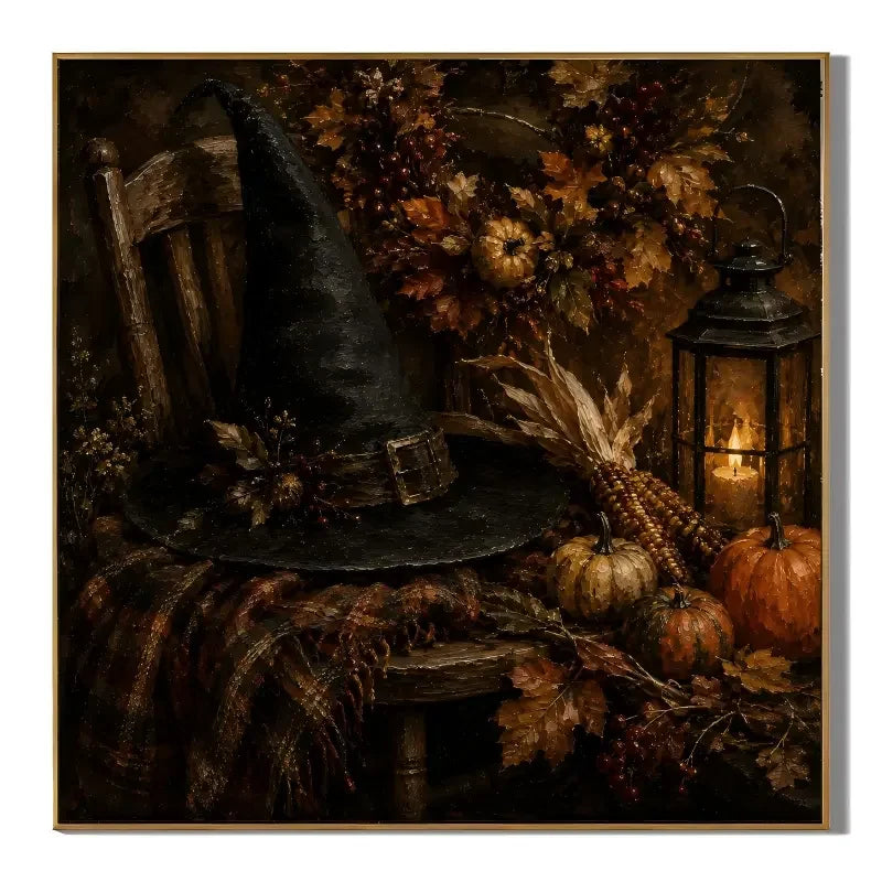 Ownanart Original Hand-Painted Halloween Witch Hat Autumn Still Life Oil Painting with Pumpkins, Corn, Candle Lantern and Fall Leaves Rustic Gothic Wall Art # OA 1303