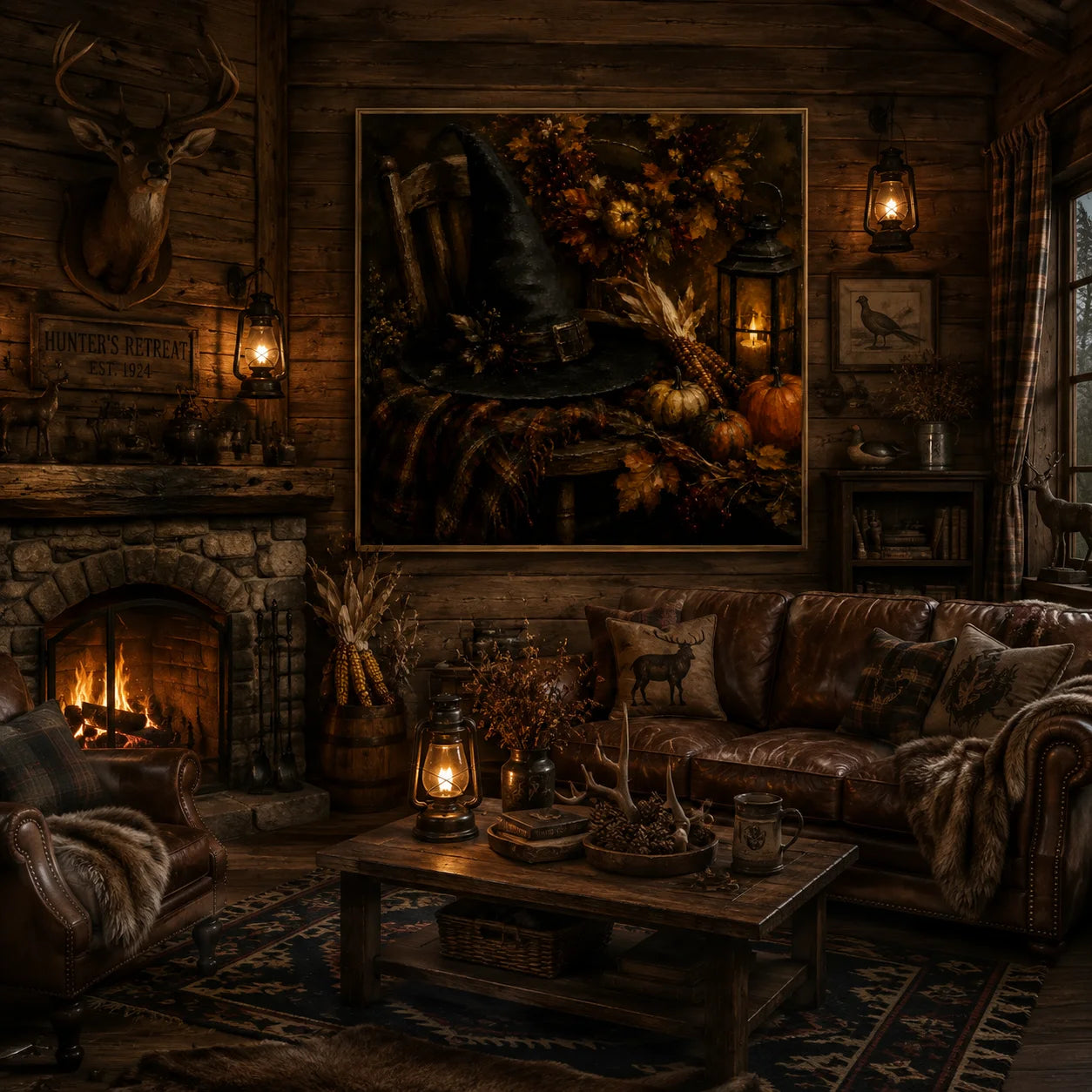 Ownanart Original Hand-Painted Halloween Witch Hat Autumn Still Life Oil Painting with Pumpkins, Corn, Candle Lantern and Fall Leaves Rustic Gothic Wall Art # OA 1303