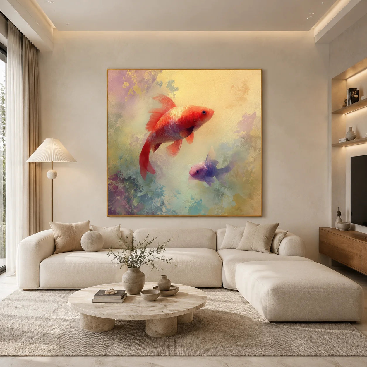Ownanart Original Hand-Painted Koi Fish Oil Painting, Pink Orange Double Fish Wall Art with Dreamy Watercolor Background for Modern Home Decor # OA 1255