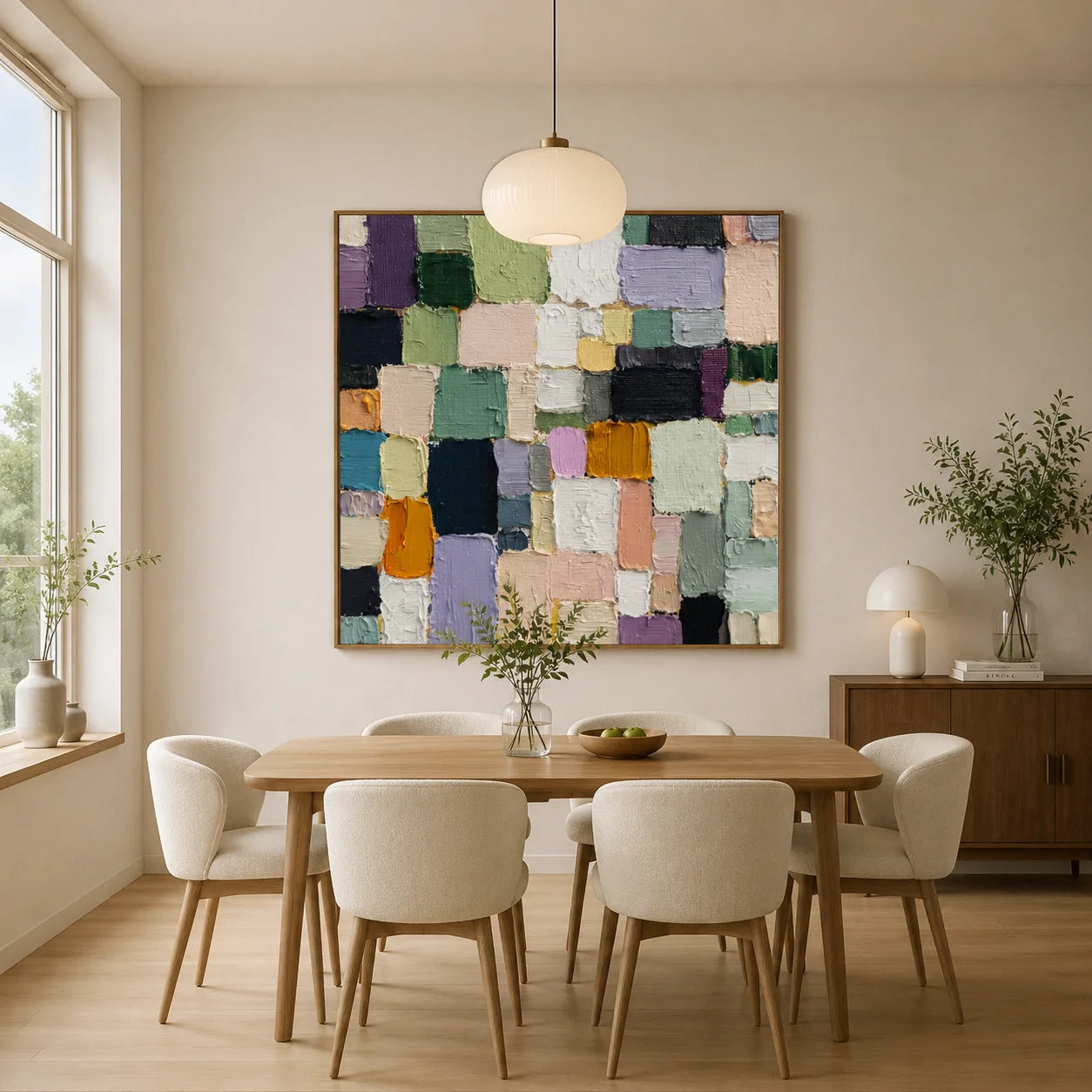 Ownanart Original Hand-Painted Modern Abstract Geometric Color Block Impasto Oil Painting, Morandi Green Purple Beige Textured Wall Art for Living Room, Bedroom, and Entryway Decor # OA 1260
