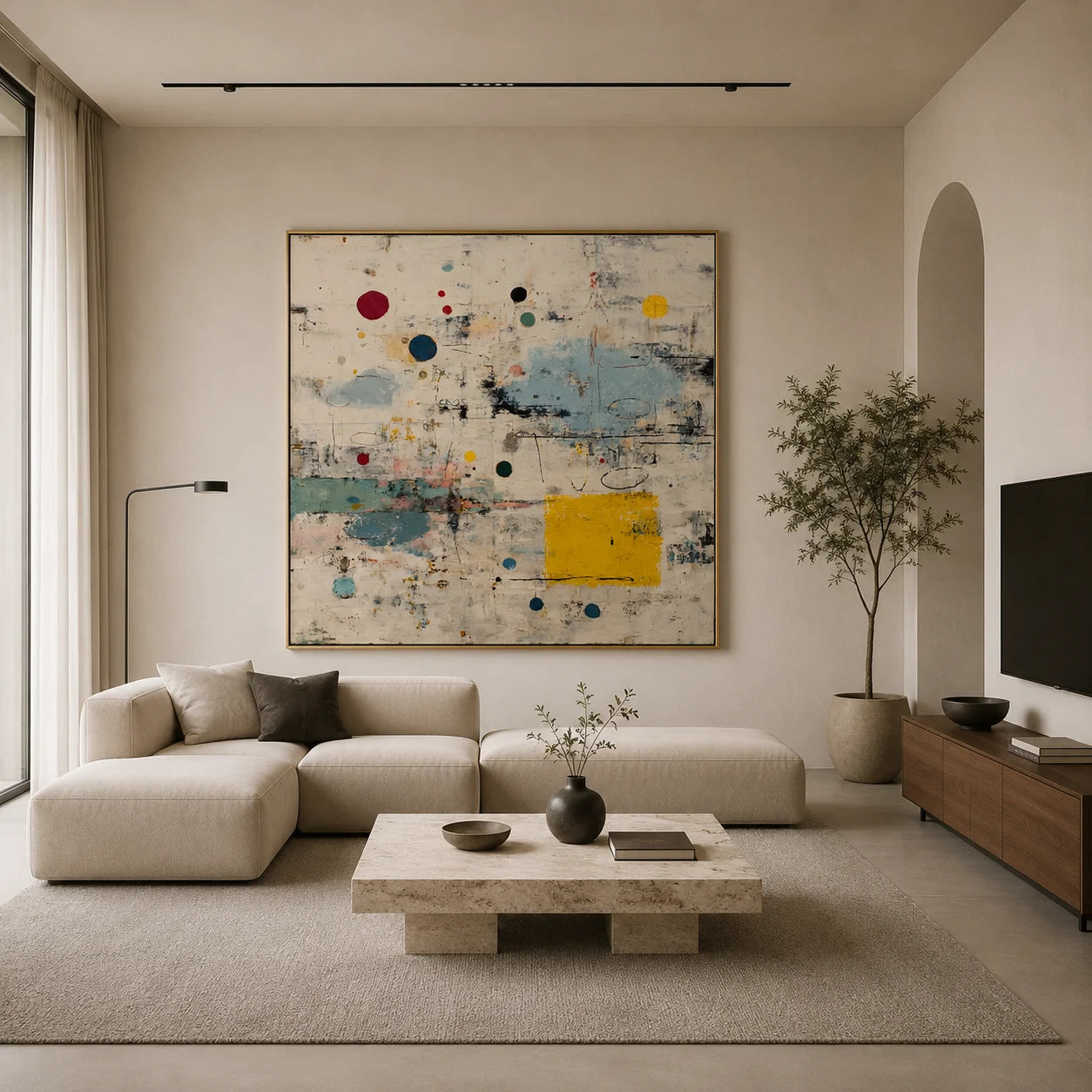 Ownanart Original Hand-Painted Modern Abstract Geometric Oil Painting, Beige Blue Gray and Yellow Color Block Textured Wall Art for Living Room and Bedroom Decor # OA 1262