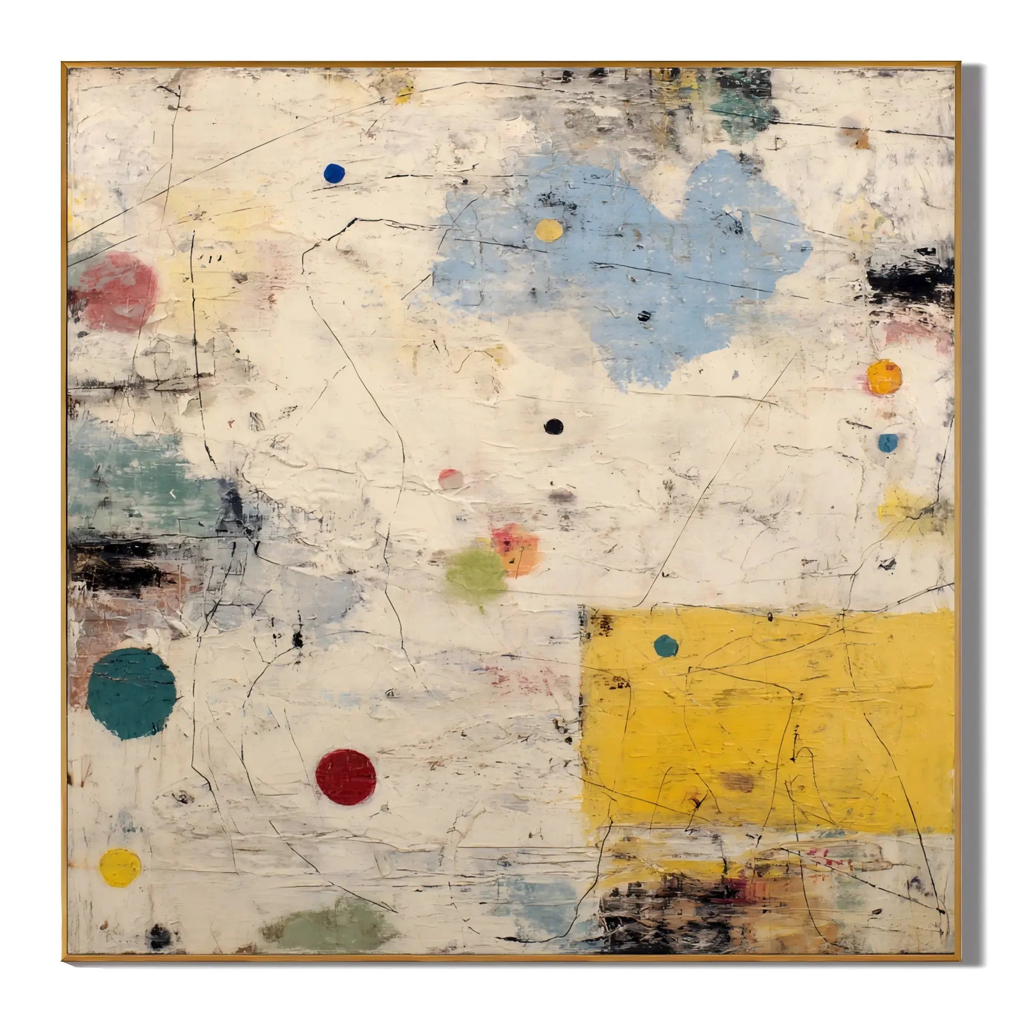 Ownanart Original Hand-Painted Modern Abstract Geometric Oil Painting, Beige, Light Blue and Yellow Color Block Textured Wall Art for Living Room and Bedroom Decor # OA 1263