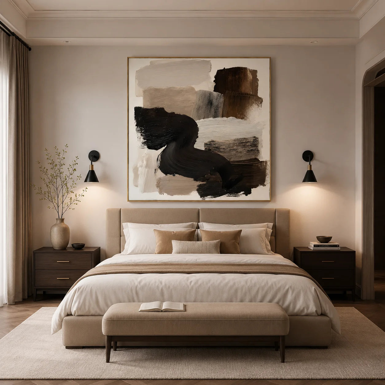 Ownanart Original Hand-Painted Modern Abstract Impasto Oil Painting, Minimalist Black Flowing Brushstroke and Brown Beige Textured Wall Art for Living Room, Bedroom and Office Decor # OA 1278