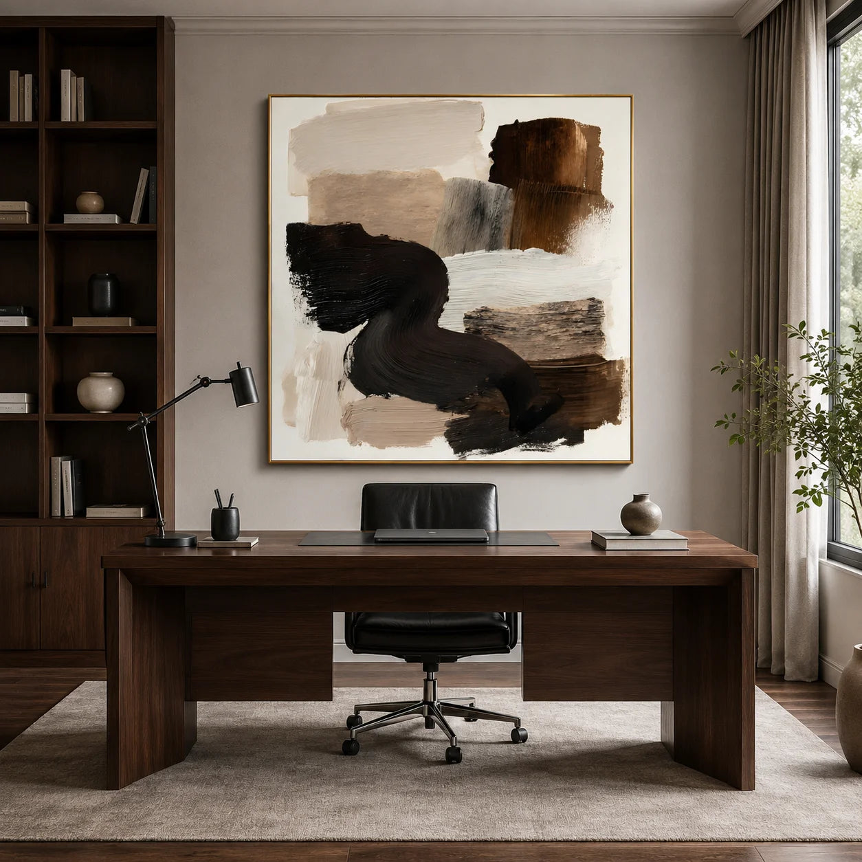 Ownanart Original Hand-Painted Modern Abstract Impasto Oil Painting, Minimalist Black Flowing Brushstroke and Brown Beige Textured Wall Art for Living Room, Bedroom and Office Decor # OA 1278