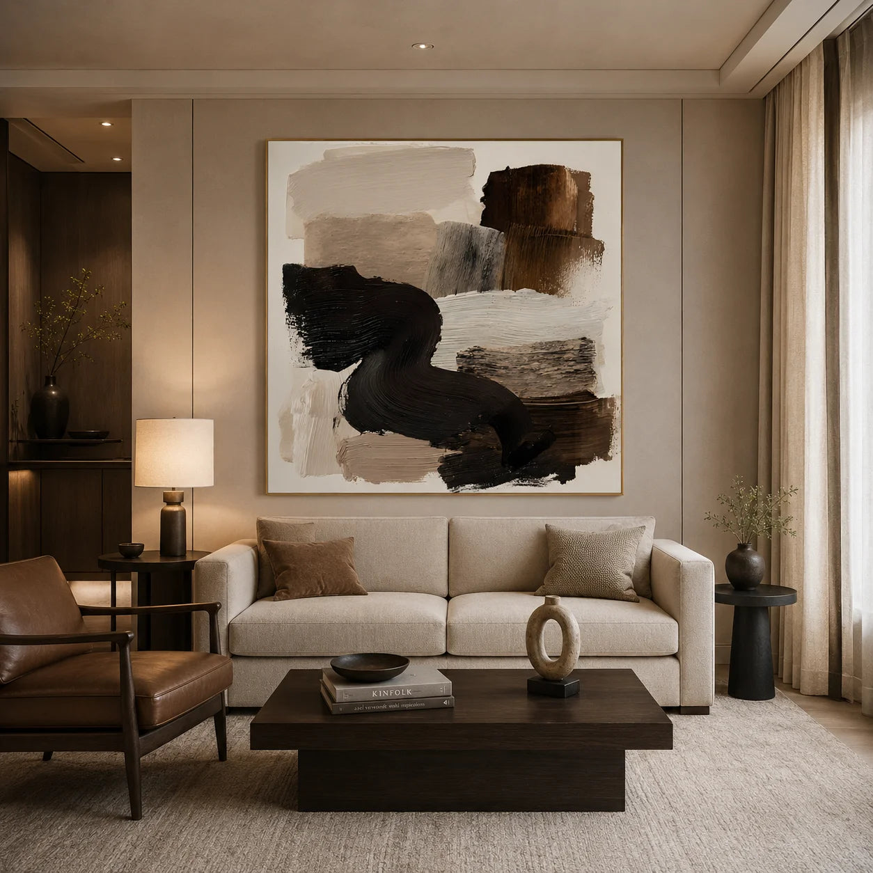 Ownanart Original Hand-Painted Modern Abstract Impasto Oil Painting, Minimalist Black Flowing Brushstroke and Brown Beige Textured Wall Art for Living Room, Bedroom and Office Decor # OA 1278