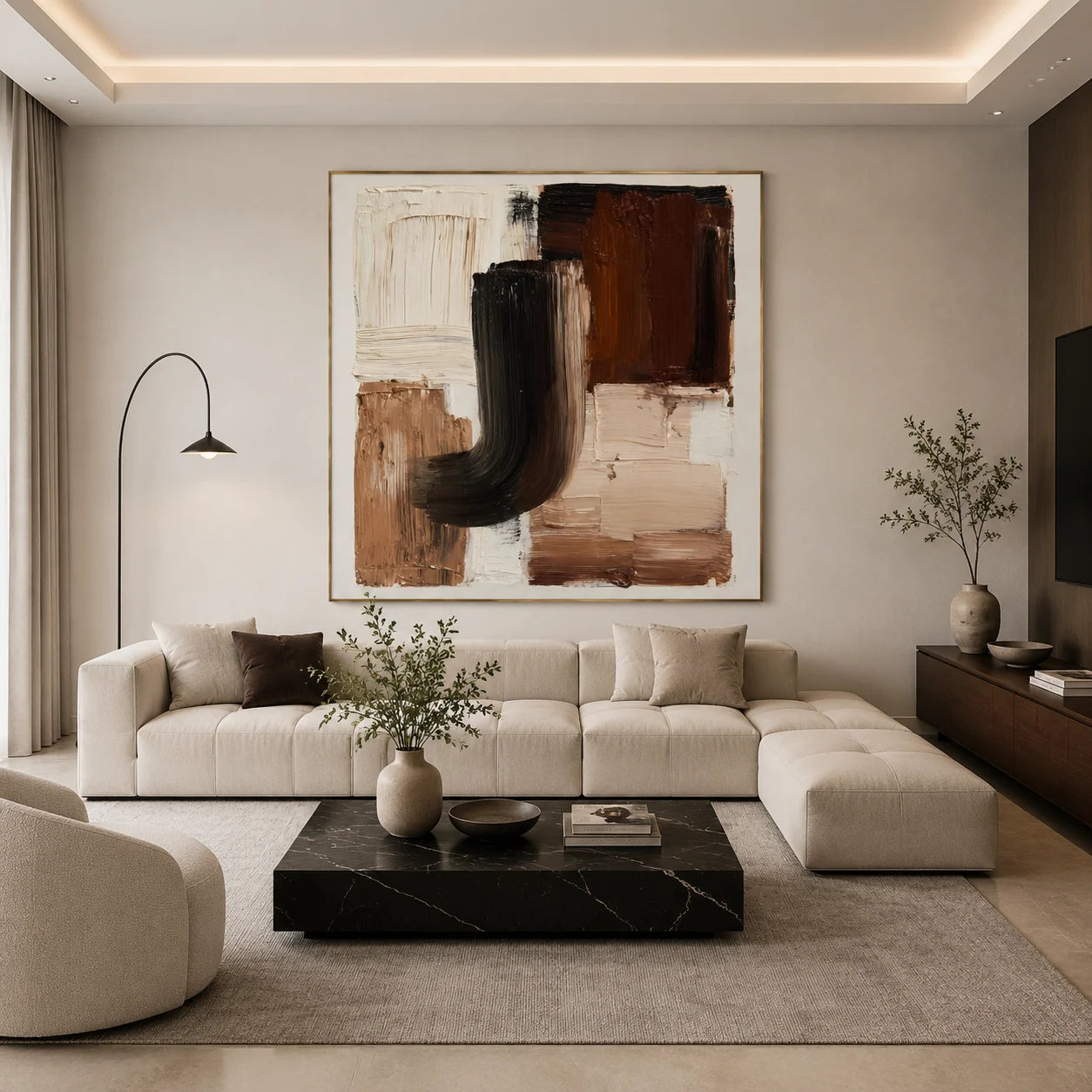Ownanart Original Hand-Painted Modern Geometric Abstract Impasto Oil Painting, Black, Brown and Beige Textured Wall Art for Living Room, Bedroom and Office Decor # OA 1273