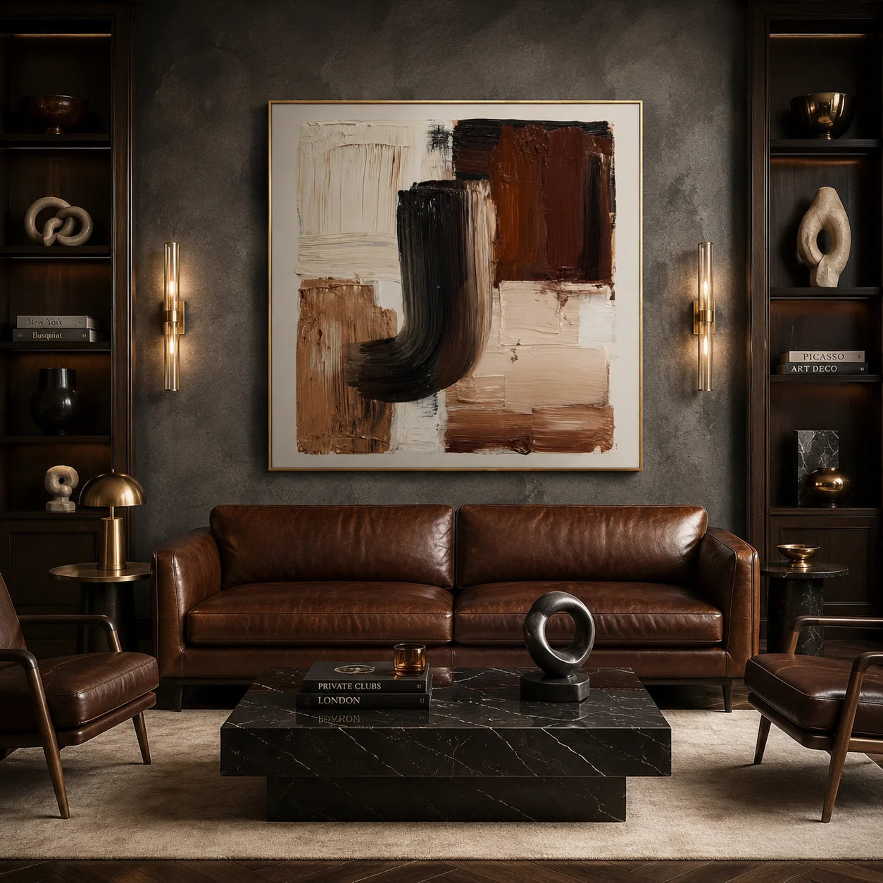 Ownanart Original Hand-Painted Modern Geometric Abstract Impasto Oil Painting, Black, Brown and Beige Textured Wall Art for Living Room, Bedroom and Office Decor # OA 1273