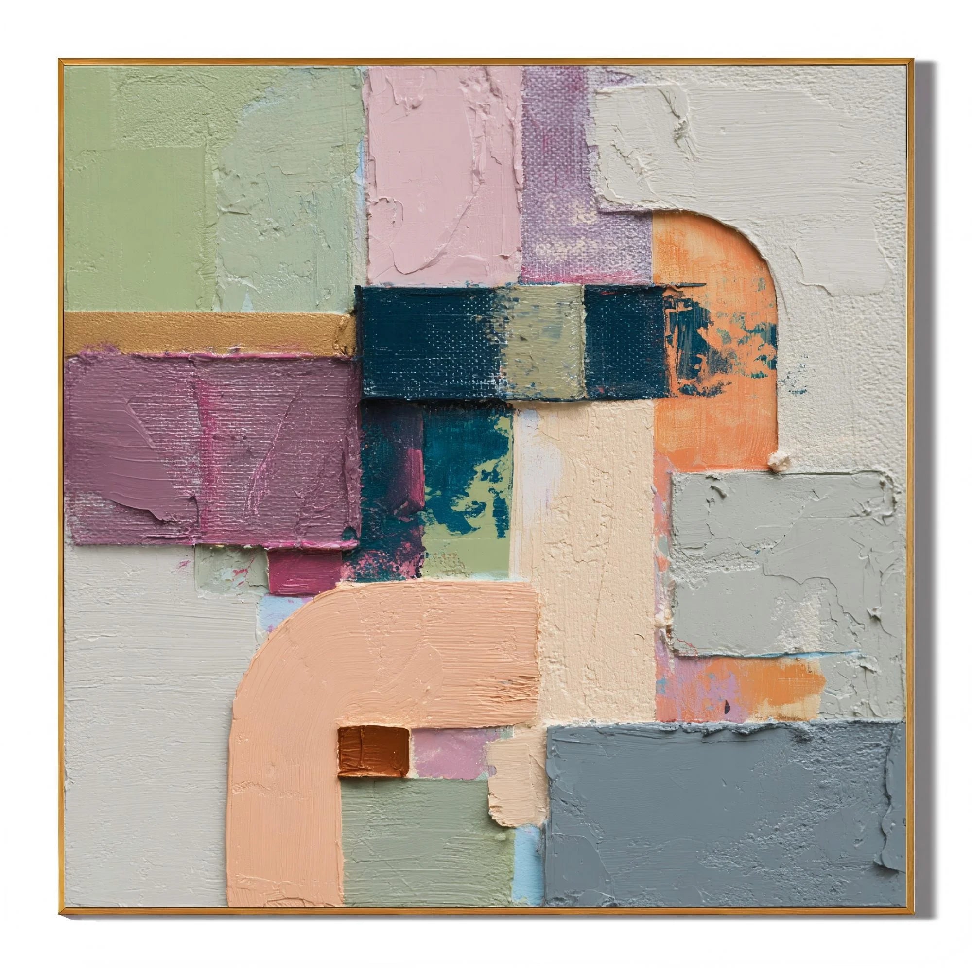 Ownanart Original Hand-Painted Modern Geometric Abstract Impasto Oil Painting, Sage Green, Pink, Lavender and Cream Arch Color Block Textured Wall Art # OA 1277