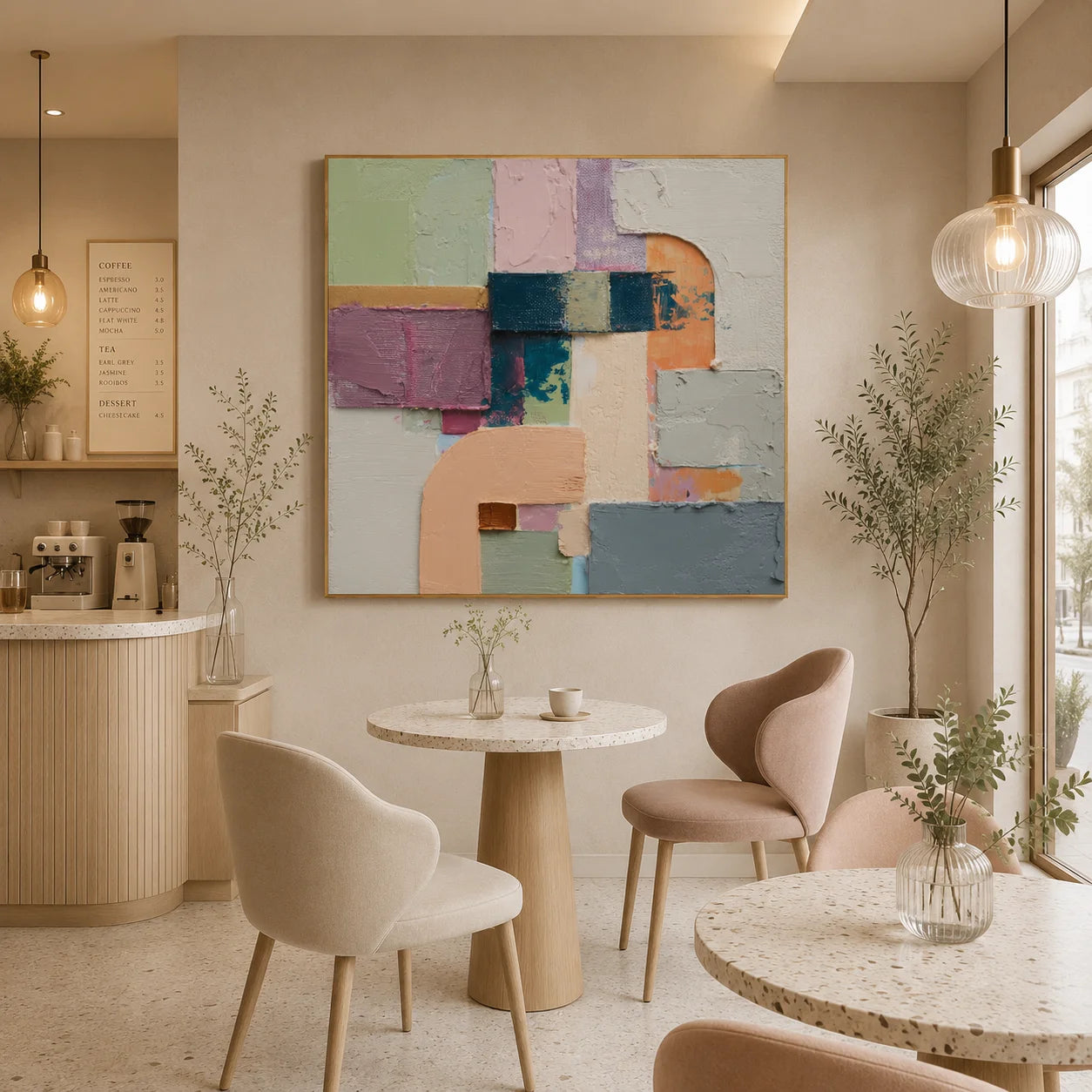 Ownanart Original Hand-Painted Modern Geometric Abstract Impasto Oil Painting, Sage Green, Pink, Lavender and Cream Arch Color Block Textured Wall Art # OA 1277