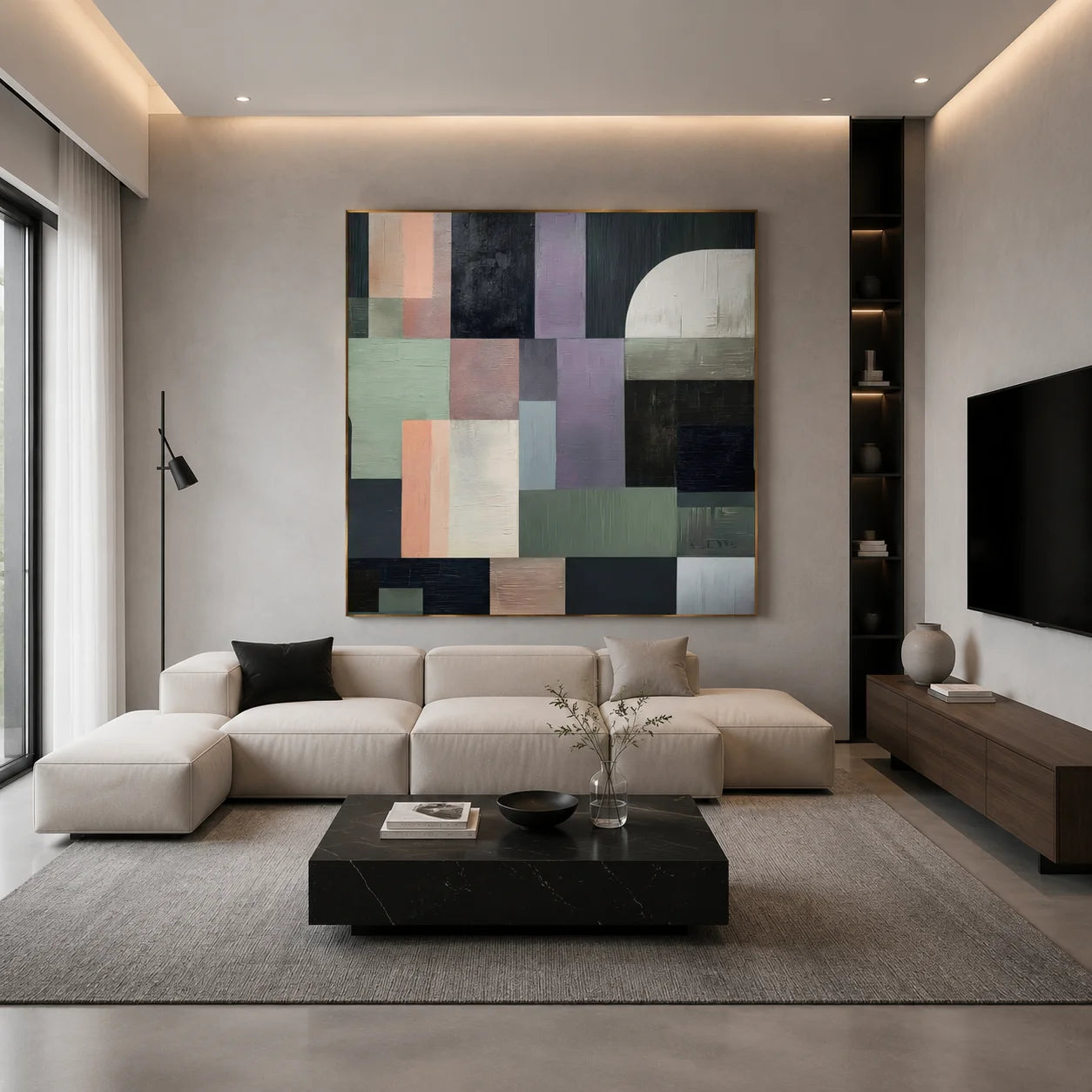 Ownanart Original Hand-Painted Modern Geometric Abstract Oil Painting, Minimalist Morandi Color Block and Arch Wall Art for Living Room, Bedroom, and Entryway Decor # OA 1253