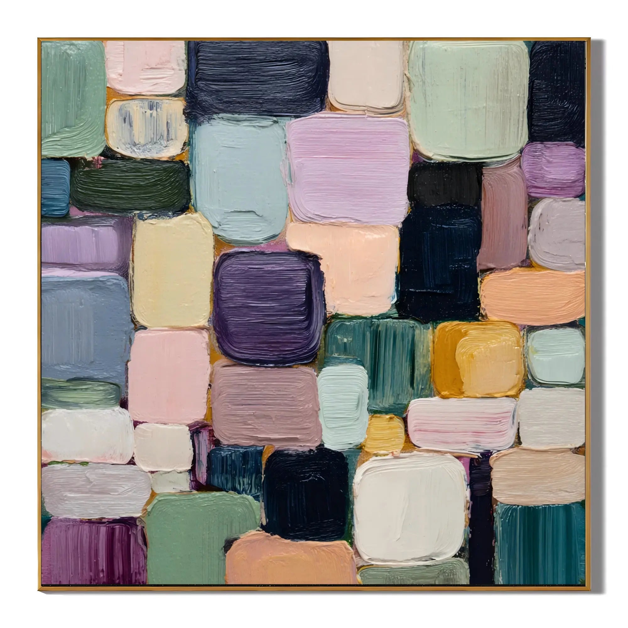 Ownanart Original Hand-Painted Modern Geometric Color Block Impasto Oil Painting, Morandi Pastel Mosaic Textured Abstract Wall Art for Living Room and Bedroom Decor # OA 1259