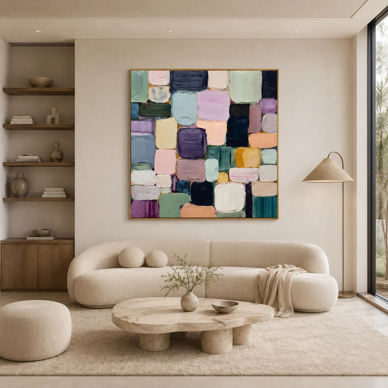 Ownanart Original Hand-Painted Modern Geometric Color Block Impasto Oil Painting, Morandi Pastel Mosaic Textured Abstract Wall Art for Living Room and Bedroom Decor # OA 1259