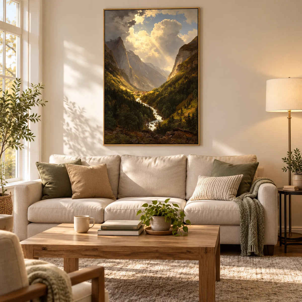 Ownanart Original Hand-Painted Mountain Valley Landscape Oil Painting, Sunlight Through Dramatic Clouds and Winding River Canvas Wall Art for Living Room, Bedroom and Luxury Home Decor