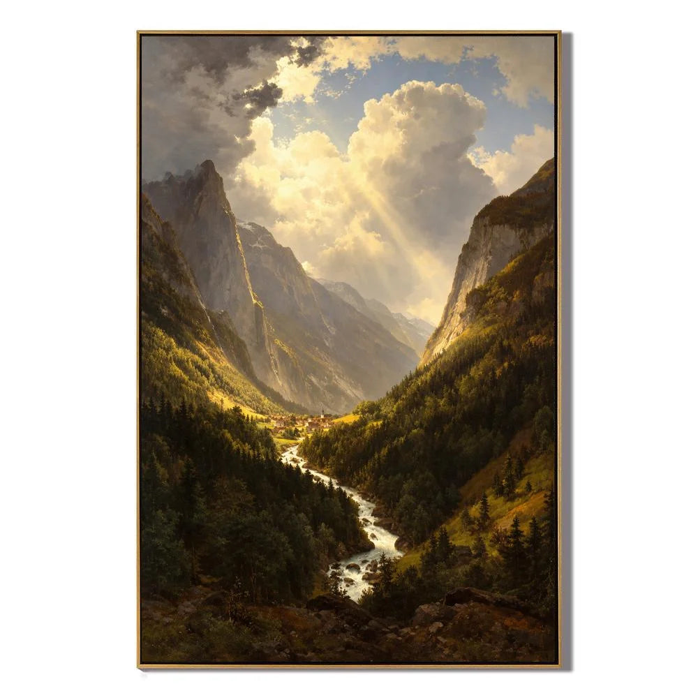 Ownanart Original Hand-Painted Mountain Valley Landscape Oil Painting, Sunlight Through Dramatic Clouds and Winding River Canvas Wall Art for Living Room, Bedroom and Luxury Home Decor