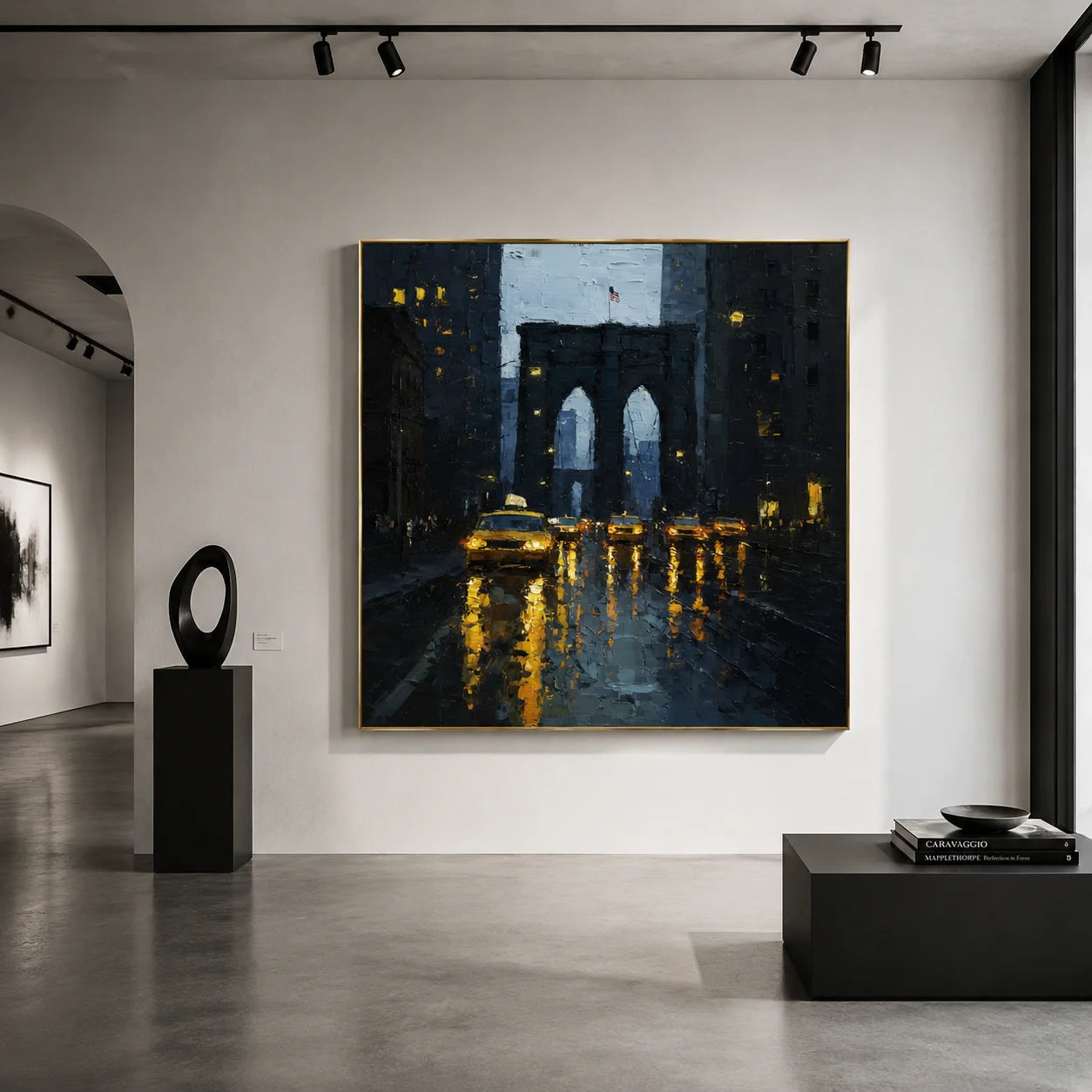 Ownanart Original Hand-Painted New York Brooklyn Bridge Rainy Cityscape Oil Painting, Modern Urban Yellow Taxi Impasto Wall Art for Living Room Decor # OA 1250