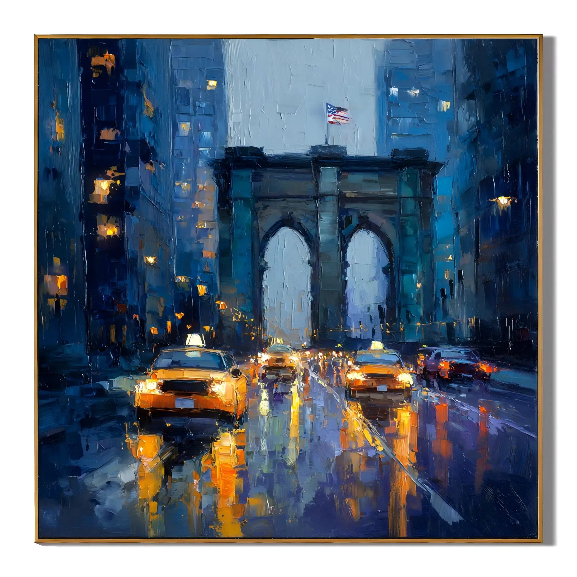 Ownanart Original Hand-Painted New York Brooklyn Bridge Rainy Night Oil Painting, Yellow Taxi Cityscape Impasto Wall Art with Urban Lights and Reflections # OA 1284