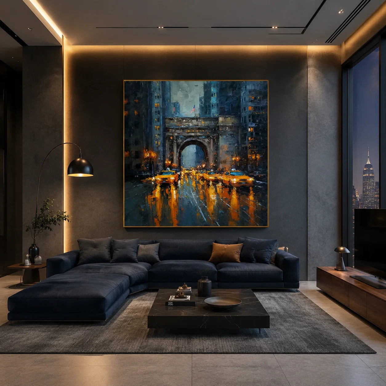 Ownanart Original Hand-Painted New York Rainy Night Cityscape Oil Painting, Yellow Taxi and Urban Arch Impasto Wall Art # OA 1251