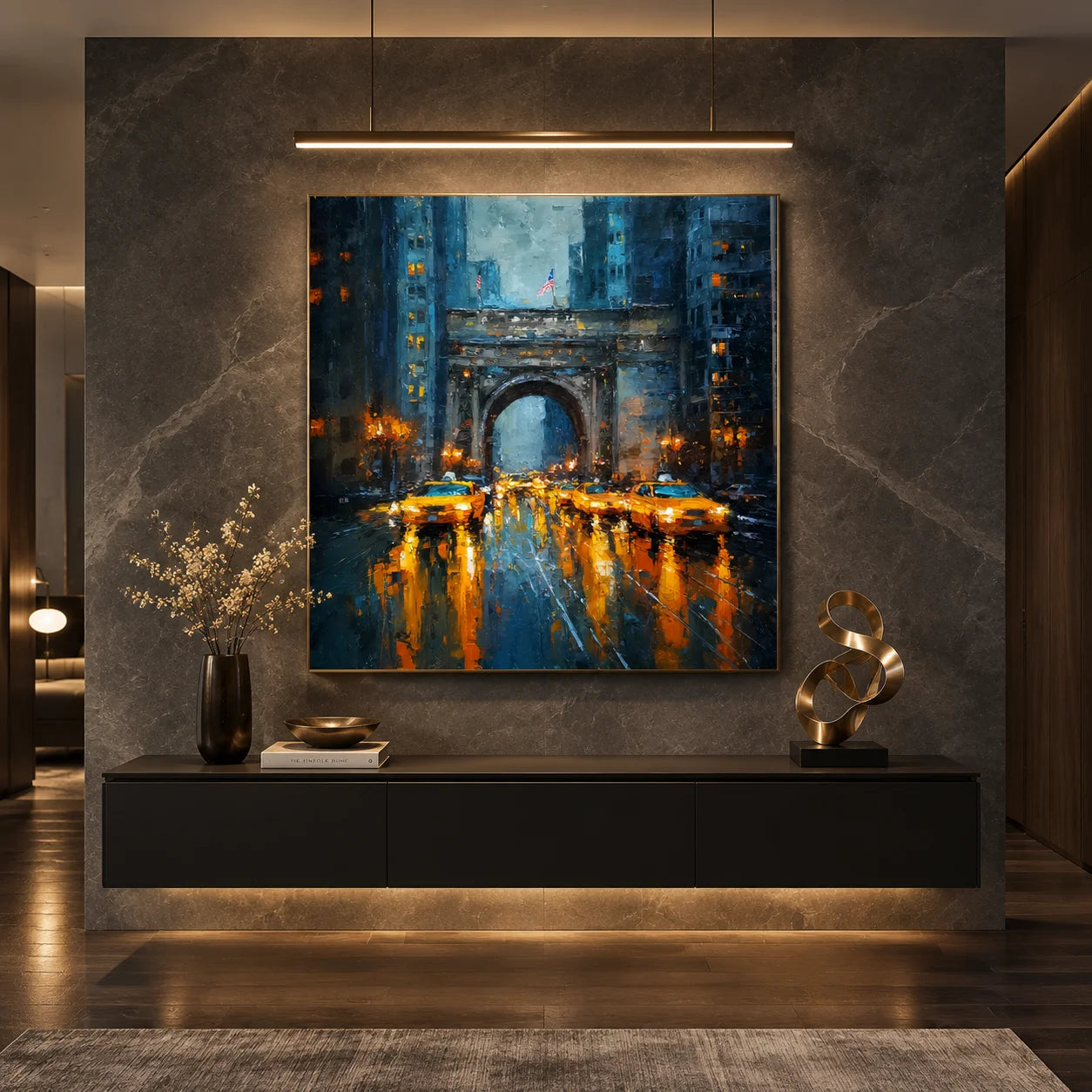 Ownanart Original Hand-Painted New York Rainy Night Cityscape Oil Painting, Yellow Taxi and Urban Arch Impasto Wall Art # OA 1251