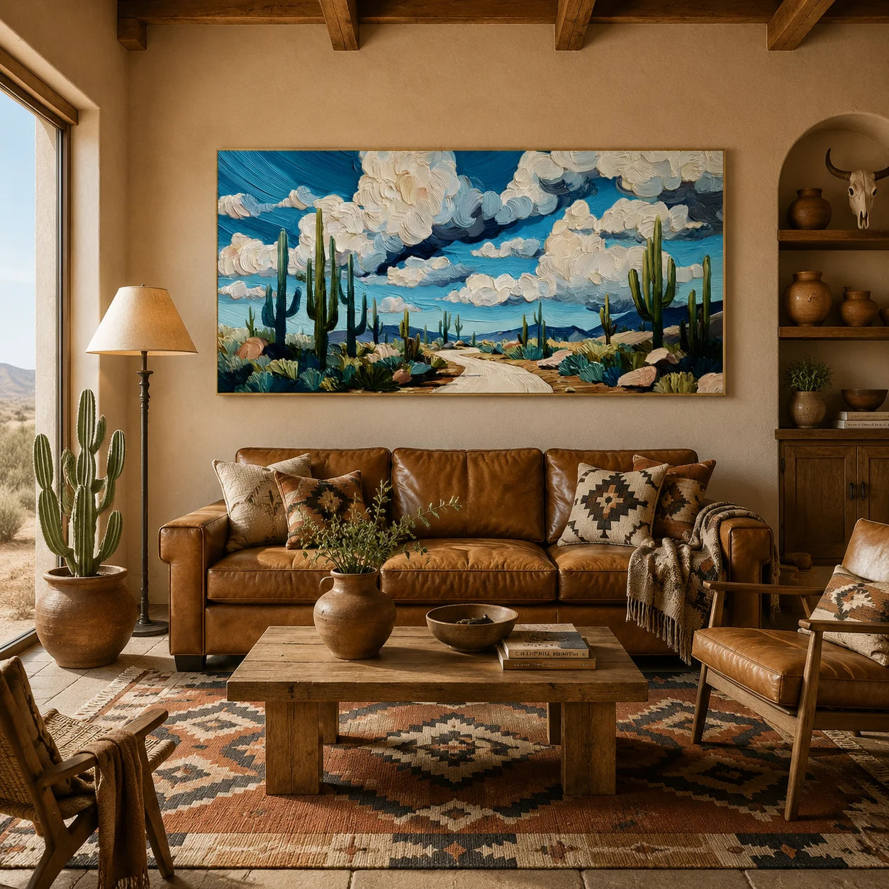Ownanart Original Hand-Painted Southwestern Desert Cactus Landscape Oil Painting, Large Horizontal Blue Sky and Cloud Textured Canvas Wall Art for Living Room and Bedroom Decor # OA 1238