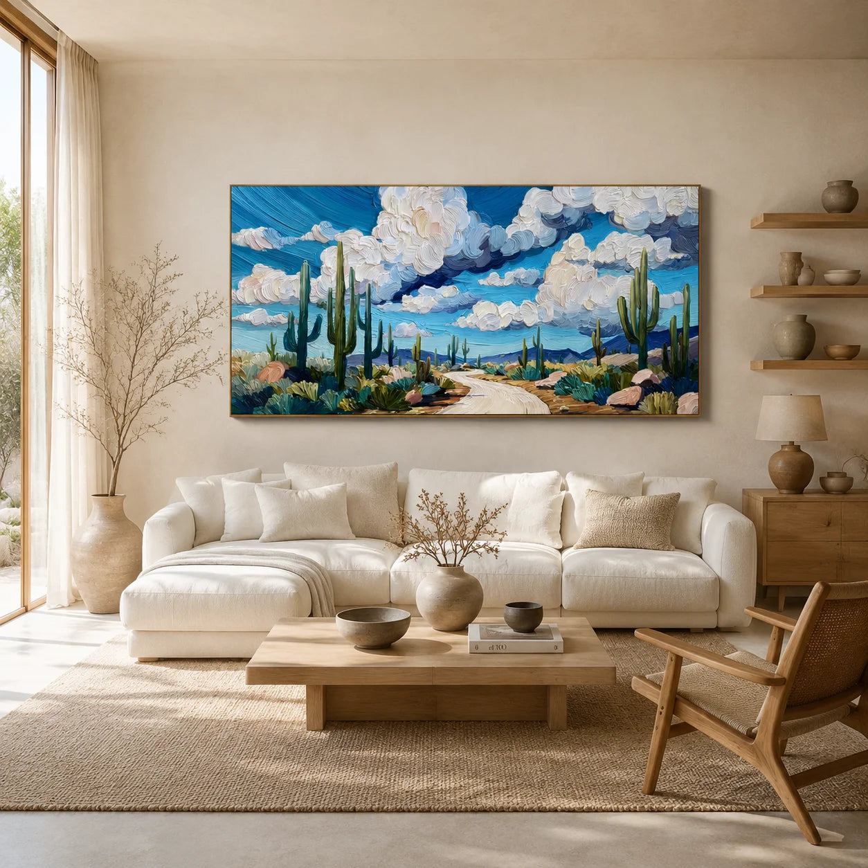 Ownanart Original Hand-Painted Southwestern Desert Cactus Landscape Oil Painting, Large Horizontal Blue Sky and Cloud Textured Canvas Wall Art for Living Room and Bedroom Decor # OA 1238